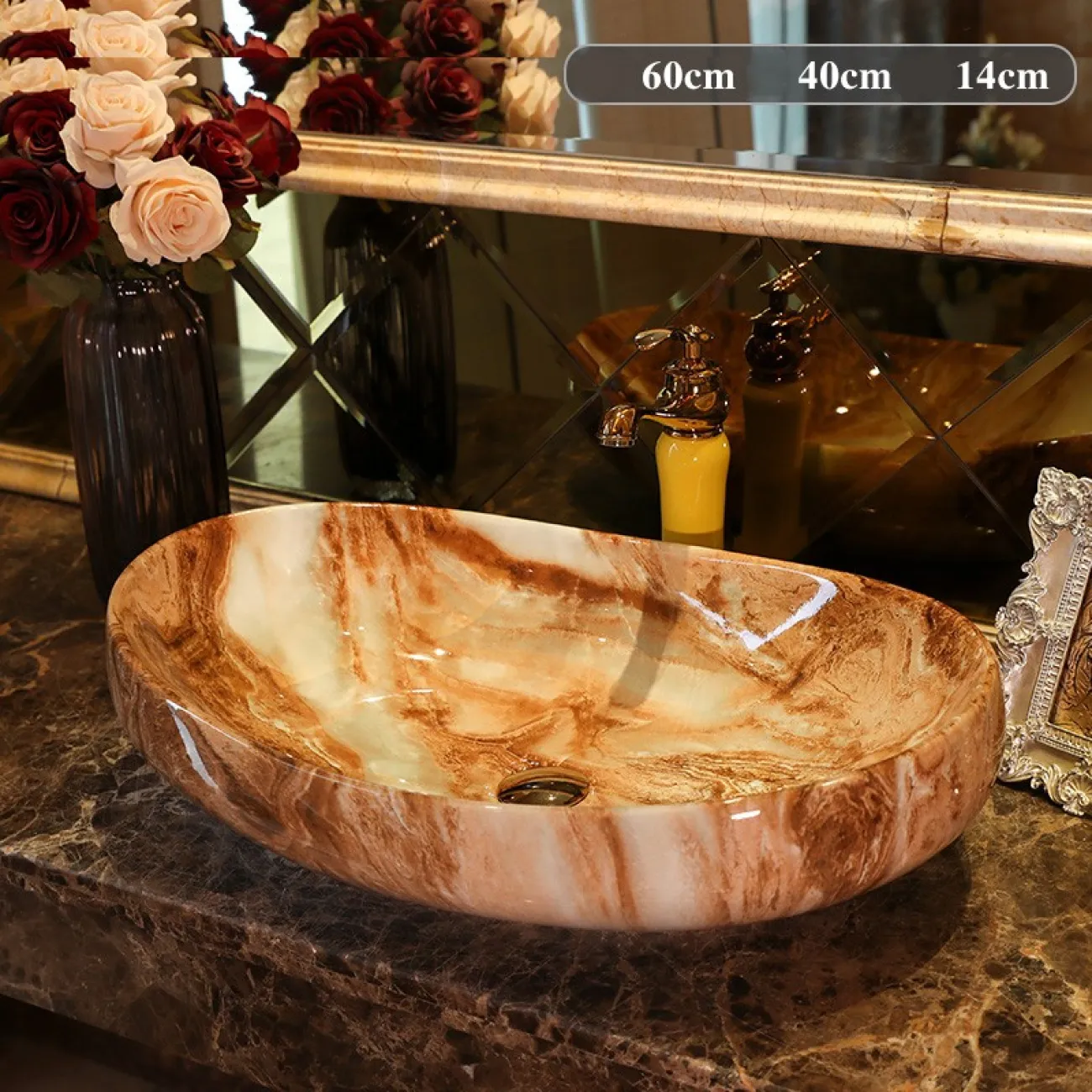 Керамический умывальник с имитацией мрамора для ванной комнаты LaLume MB20680-23 Керамический умывальник с имитацией мрамора для ванной комнаты LaLume MB20680-23