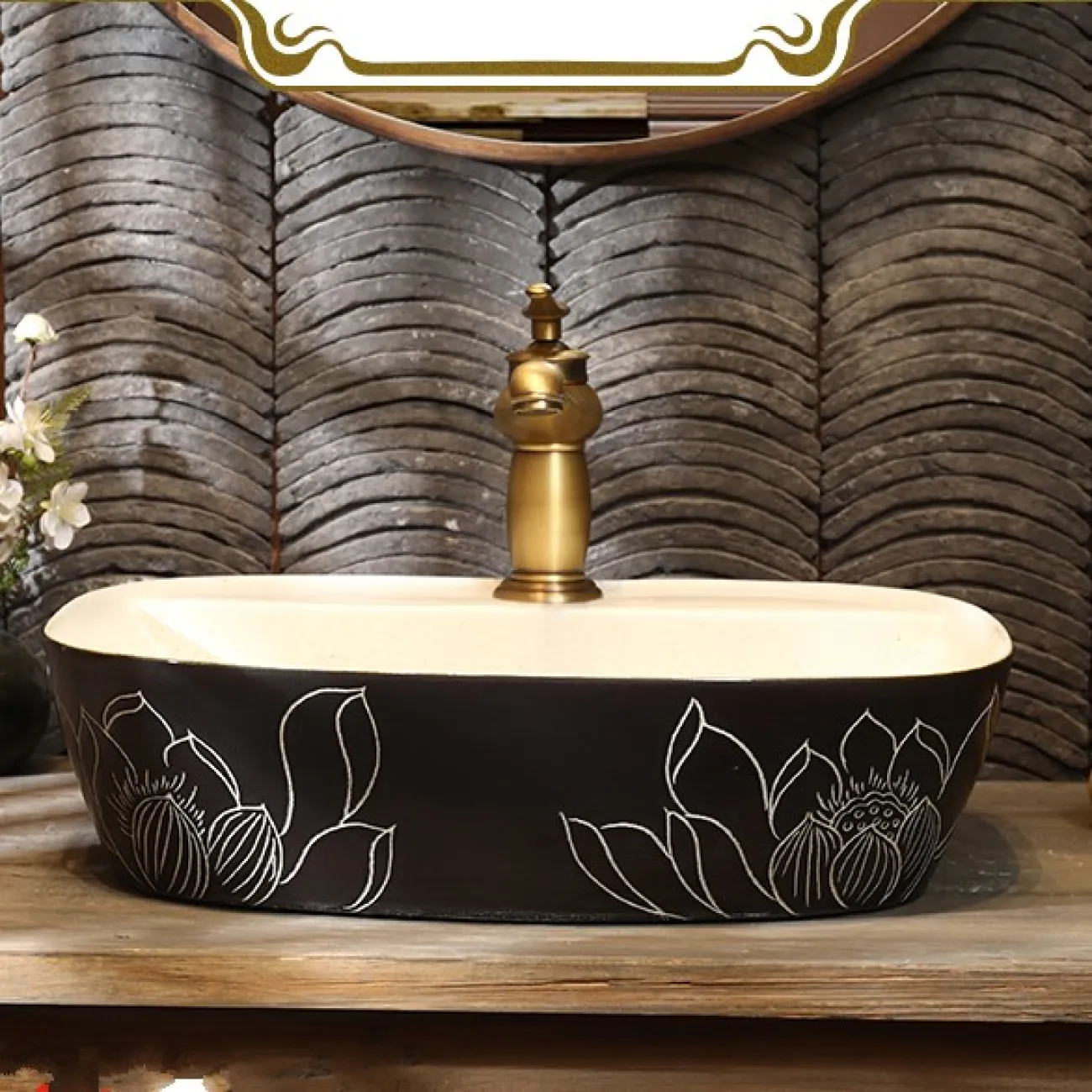 Керамический умывальник с узором лотоса для ванной комнаты LaLume MB20743-23