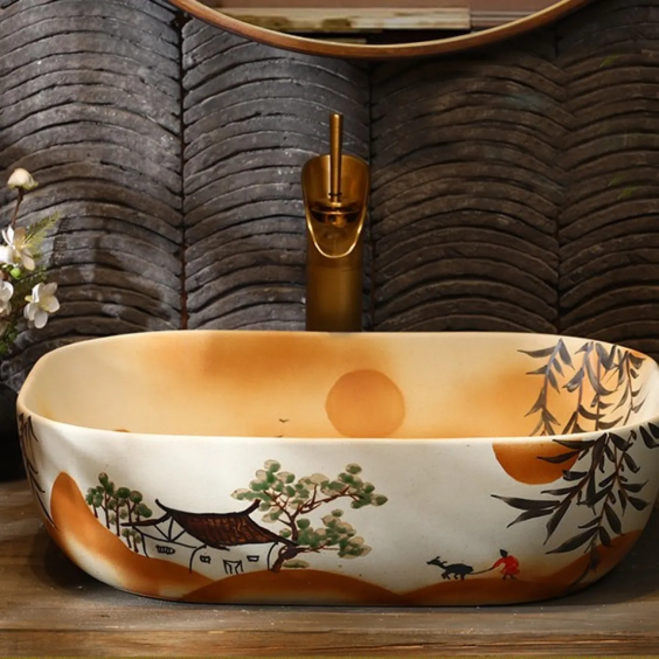 Керамический умывальник с узором для ванной комнаты LaLume MB20744-23 Керамический умывальник с узором для ванной комнаты LaLume MB20744-23