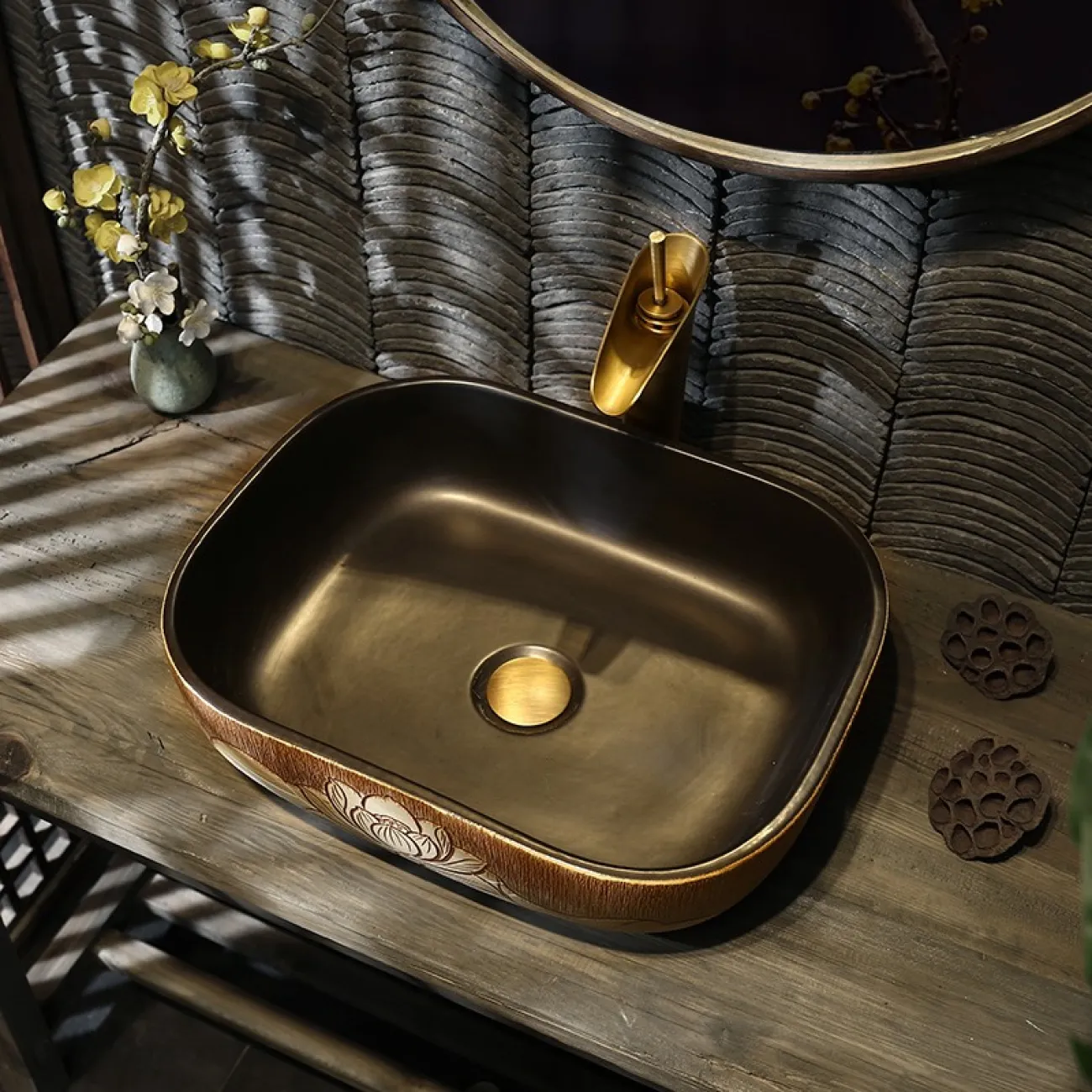 Керамический умывальник в китайском стиле для ванной комнаты LaLume MB20777-23 Керамический умывальник в китайском стиле для ванной комнаты LaLume MB20777-23