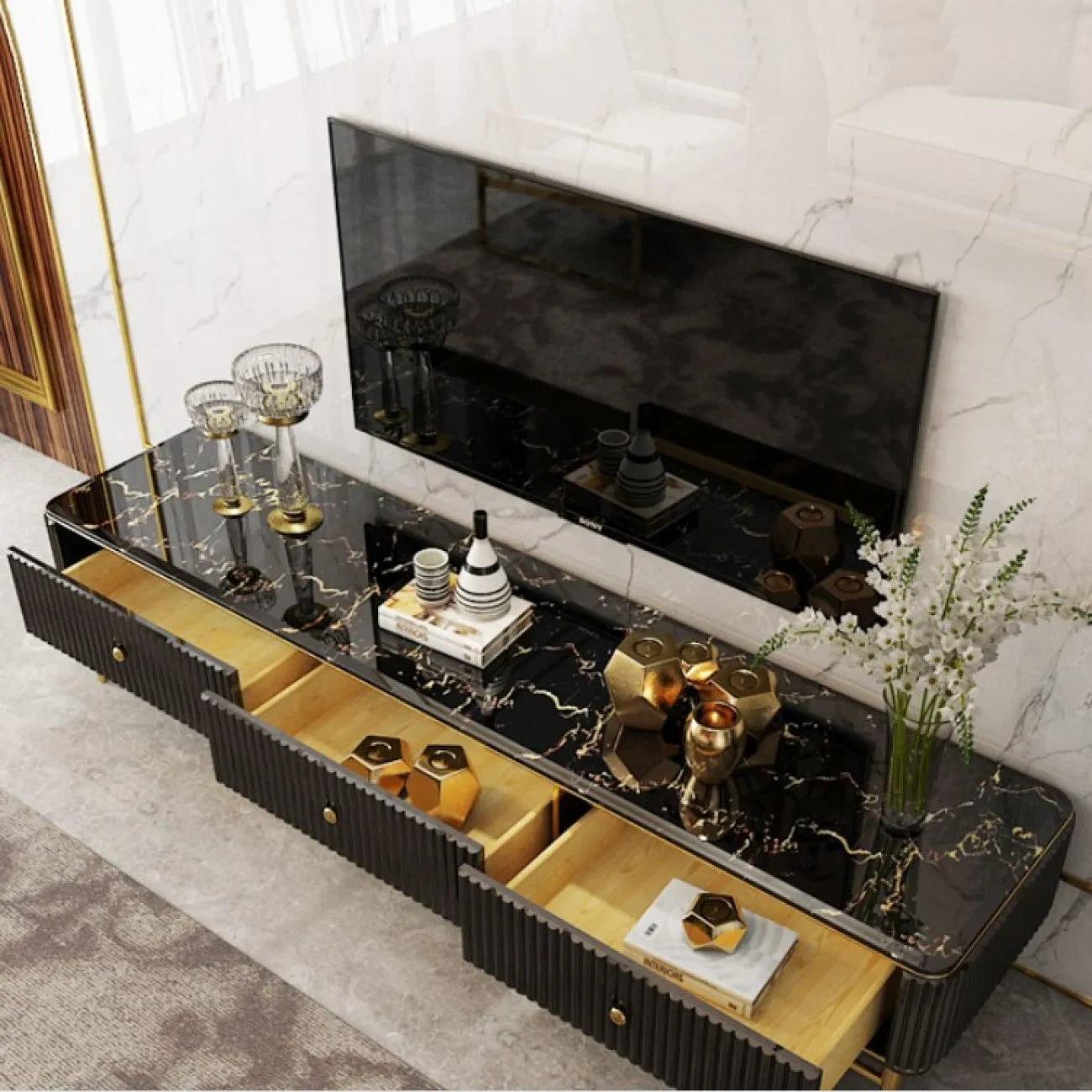 Мраморный комод под ТВ для гостиной LaLume MB20972-23