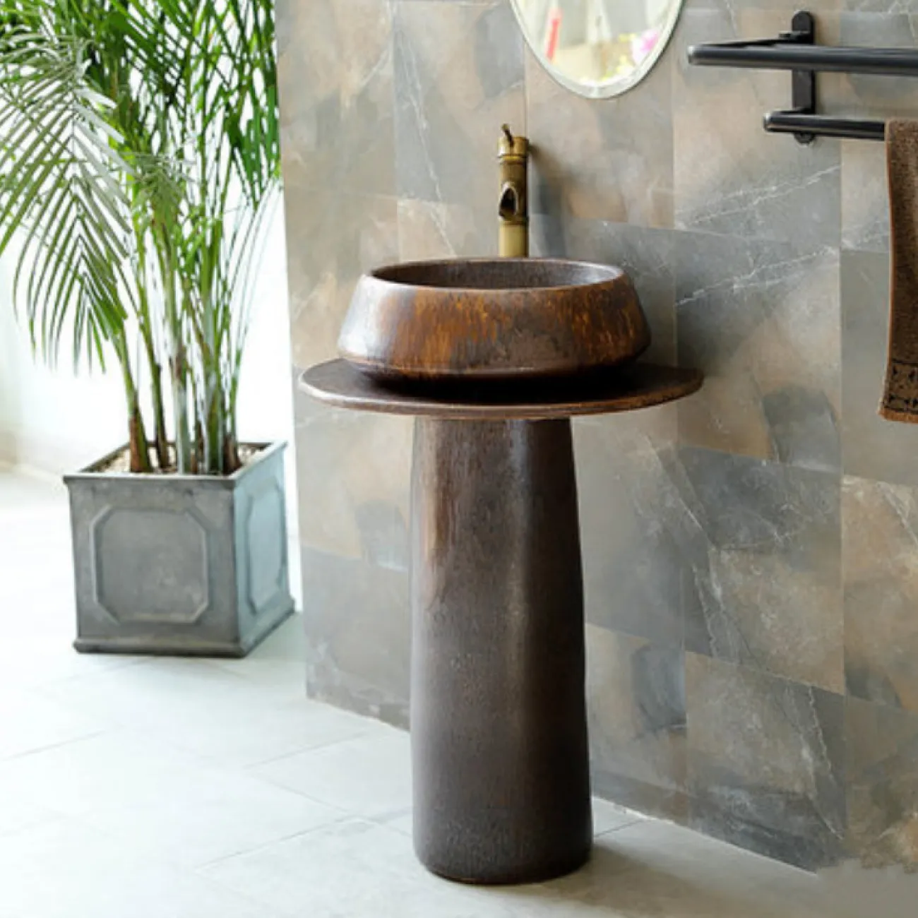 Керамический круглый умывальник с вертикальной колоной для ванной комнаты LaLume MB20527-23