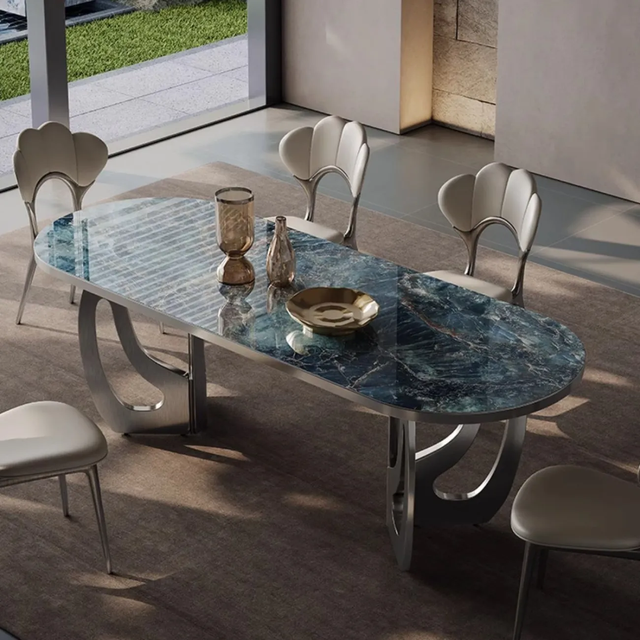 Обеденный стол из светлой роскошной каменной плиты в итальянском стиле BANG 36484-29