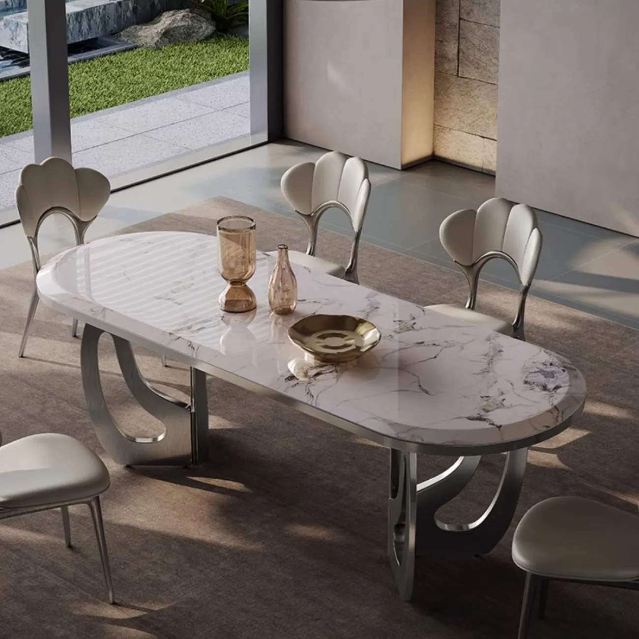 Обеденный стол из светлой роскошной каменной плиты в итальянском стиле BANG 36484-29