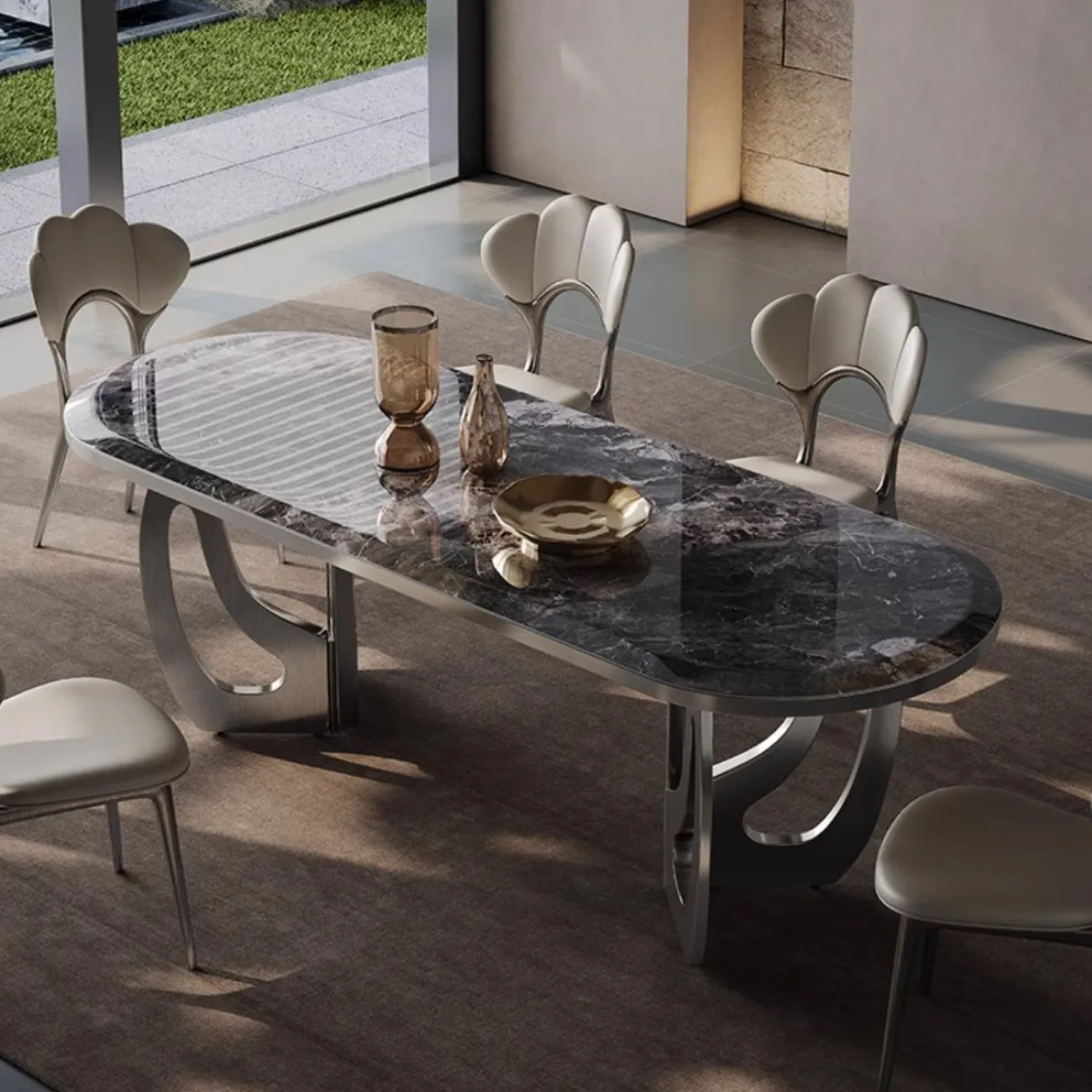 Обеденный стол из светлой роскошной каменной плиты в итальянском стиле BANG 36484-29
