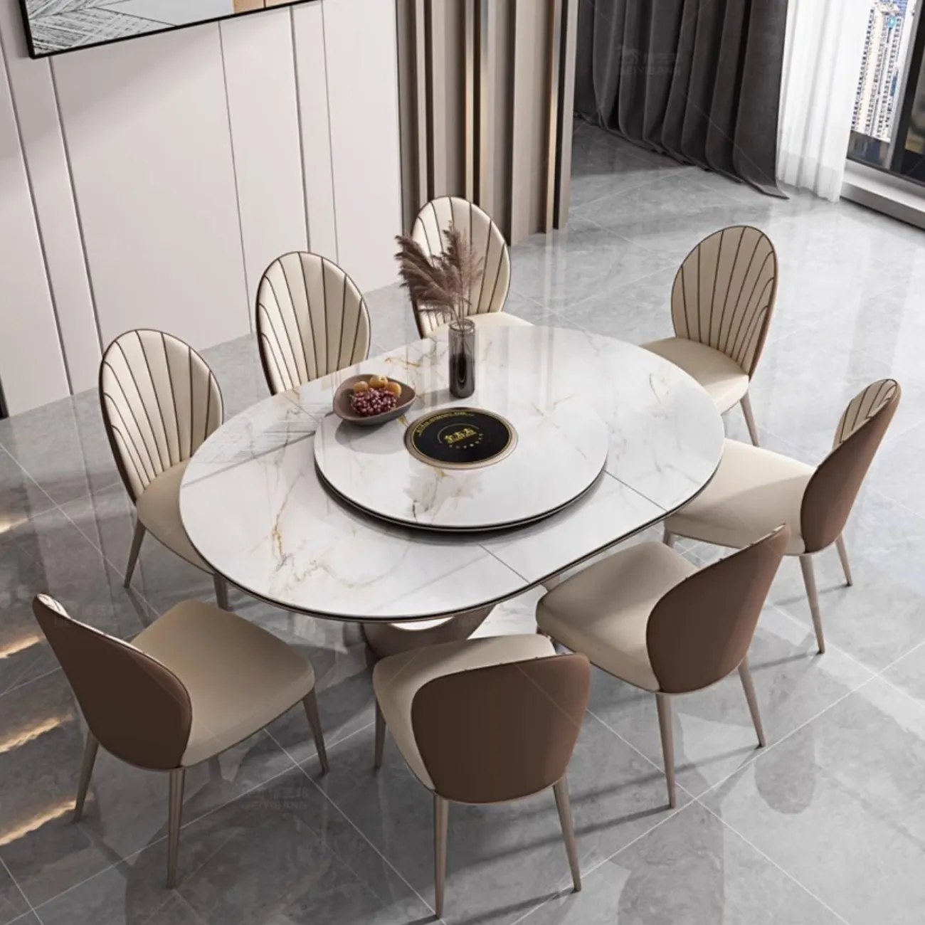 Обеденный стол из овальной каменной плиты с индукционной плитой BANG 36508-29