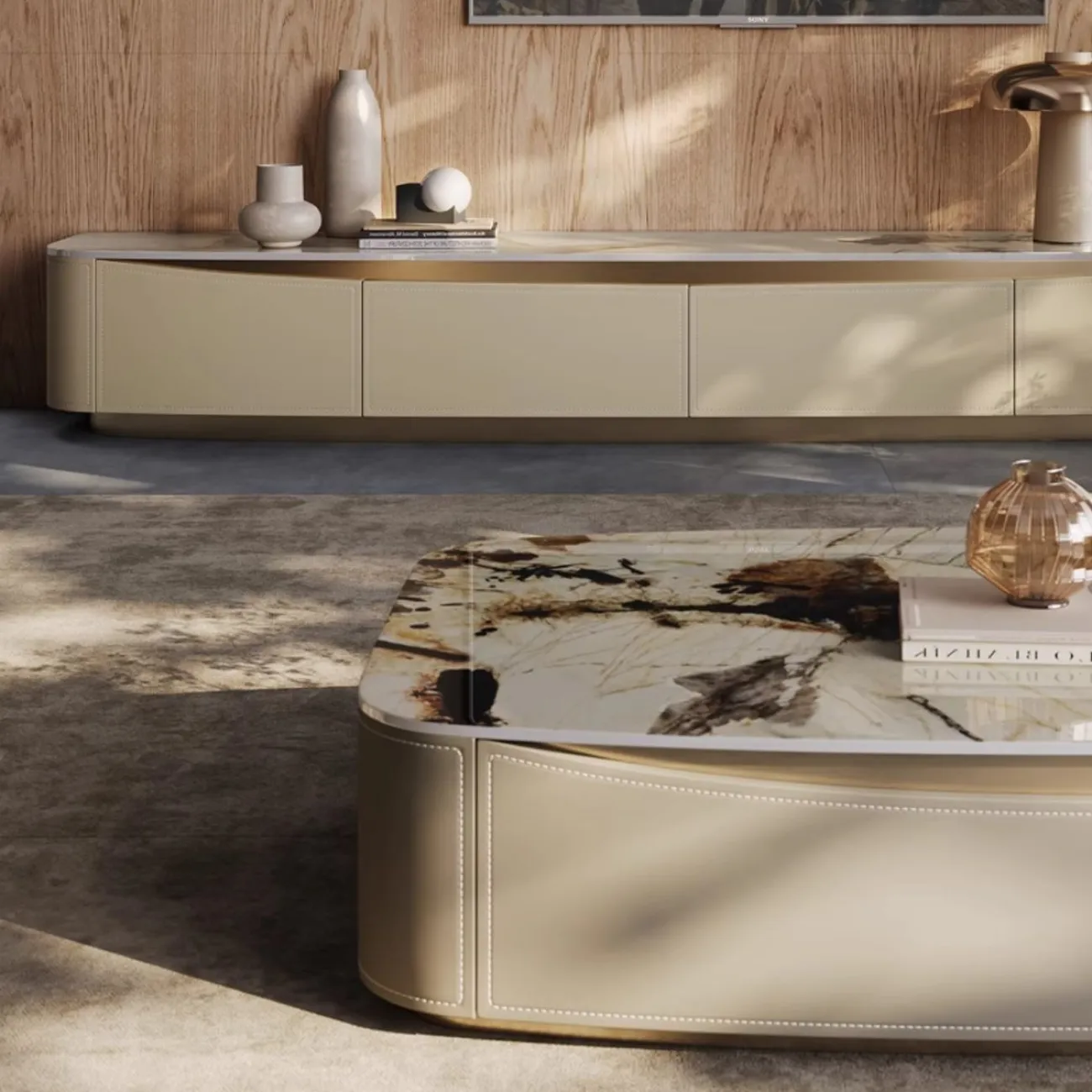 Роскошный ТВ шкаф из натурального камня и кожи BANG 36510-29