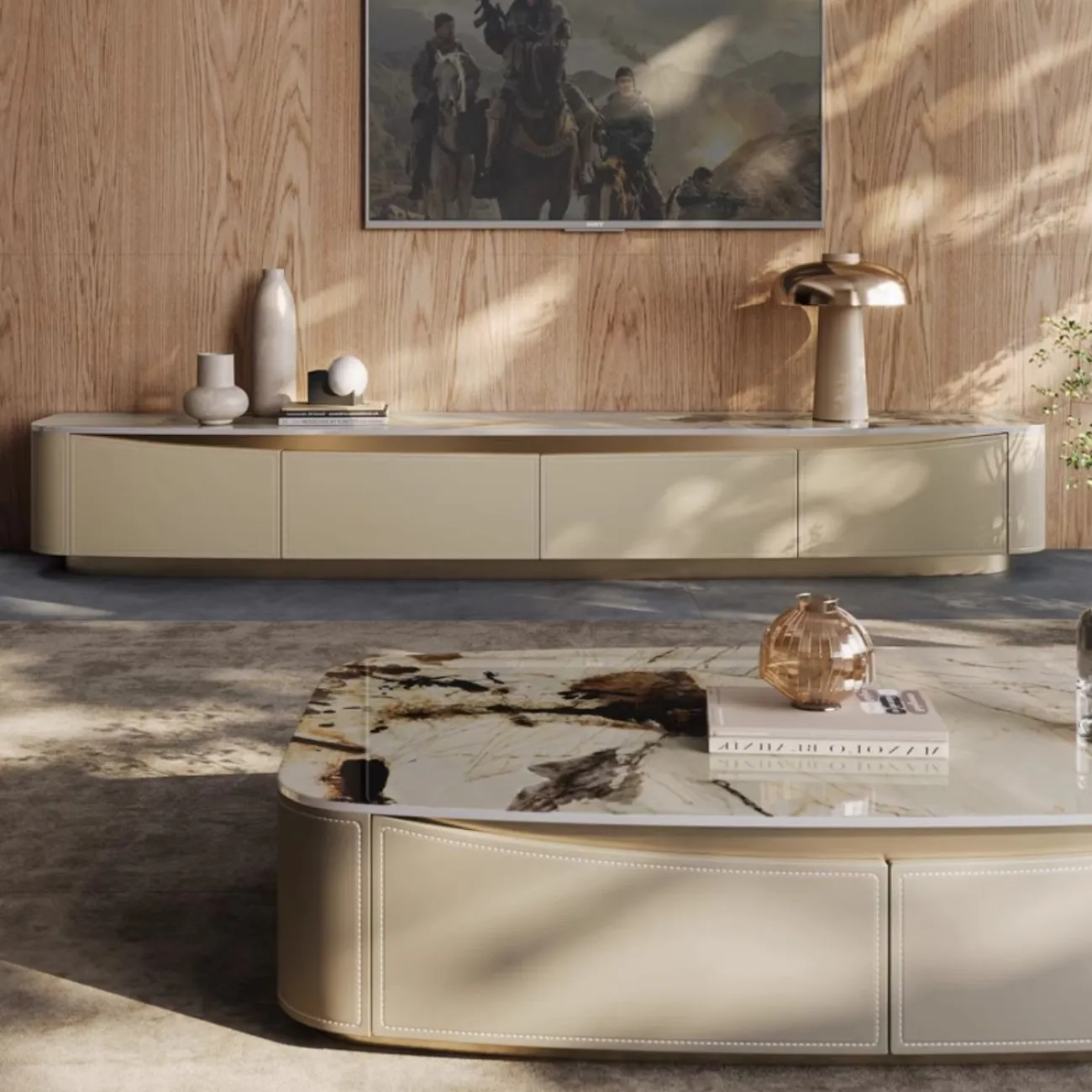 Роскошный ТВ шкаф из натурального камня и кожи BANG 36510-29