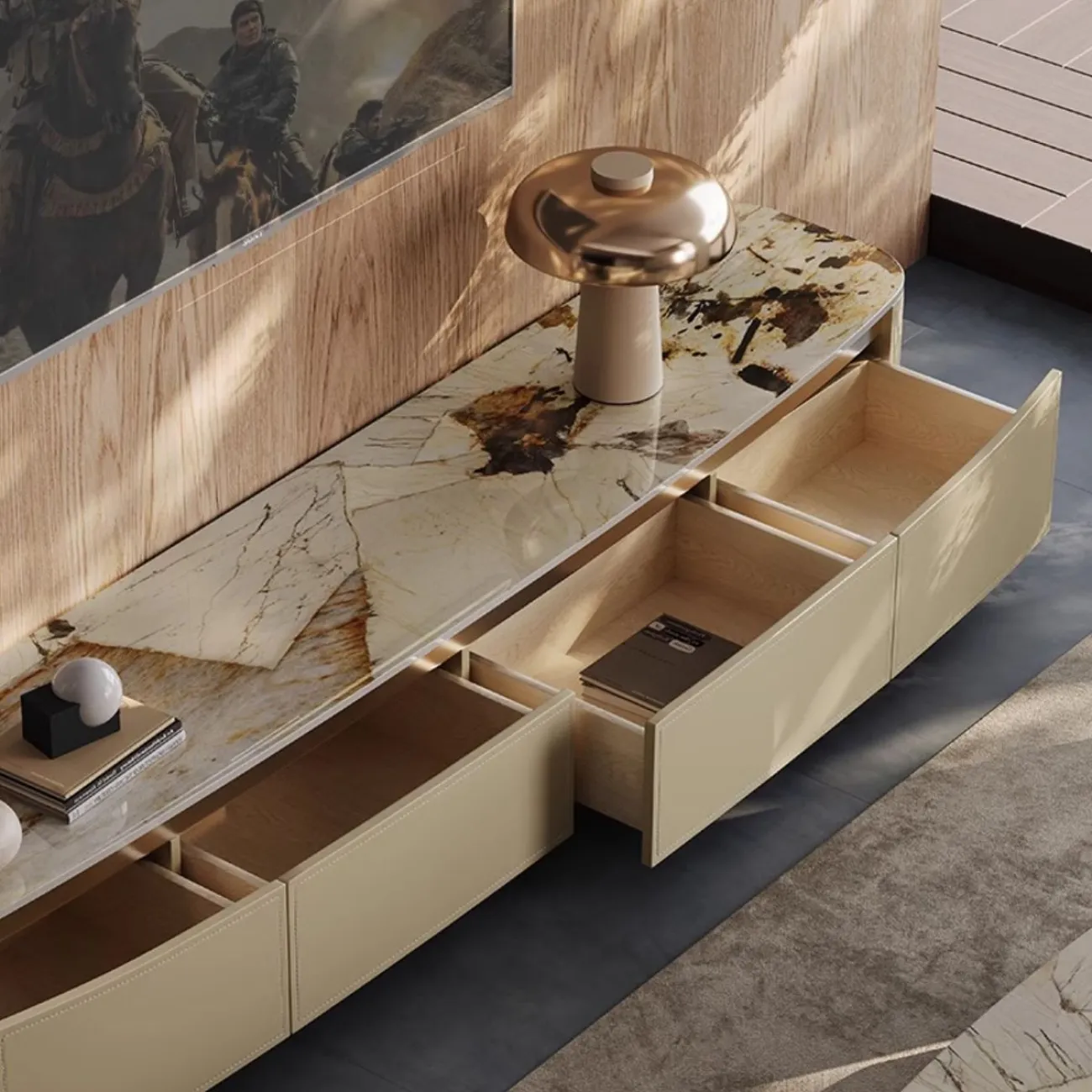 Роскошный ТВ шкаф из натурального камня и кожи BANG 36510-29