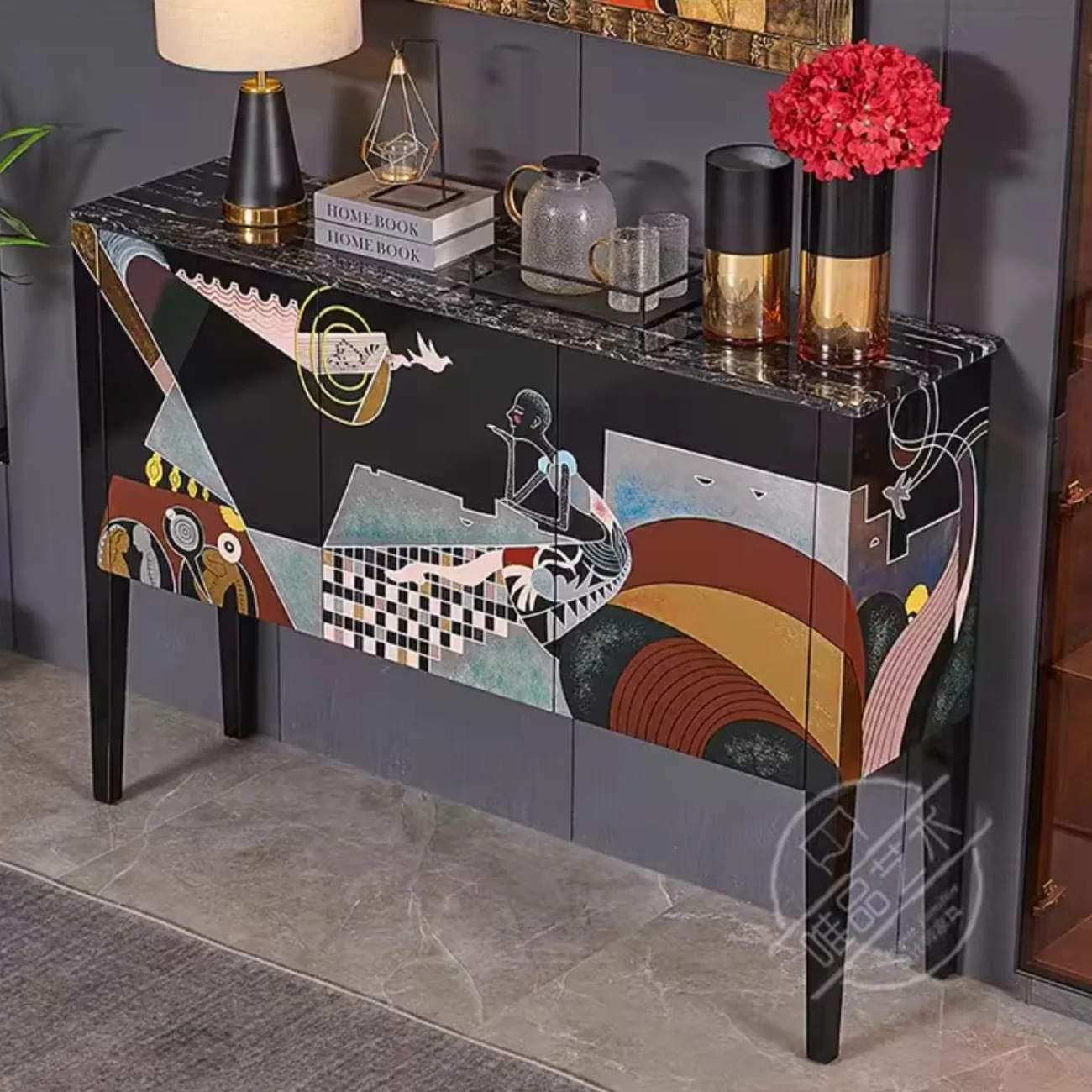 Расписной шкаф-сервант Creative из мрамора и цельного дерев Life 36014-29 Расписной шкаф-сервант Creative из мрамора и цельного дерев Life 36014-29