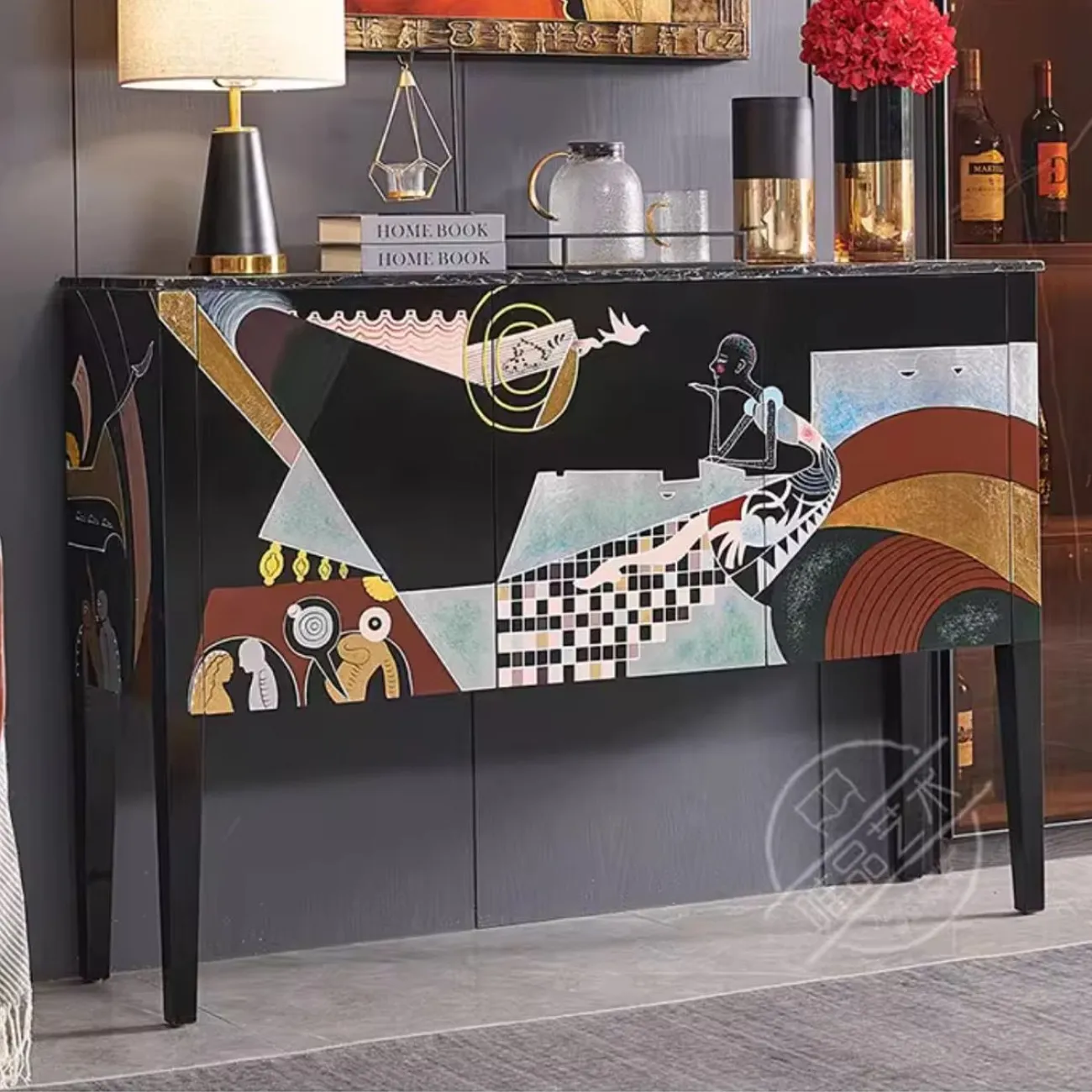 Расписной шкаф-сервант Creative из мрамора и цельного дерев Life 36014-29 Расписной шкаф-сервант Creative из мрамора и цельного дерев Life 36014-29