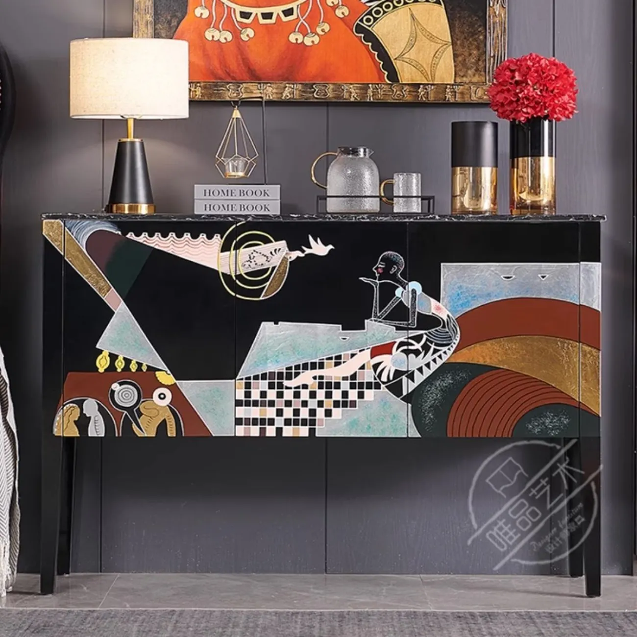 Расписной шкаф-сервант Creative из мрамора и цельного дерев Life 36014-29 Расписной шкаф-сервант Creative из мрамора и цельного дерев Life 36014-29