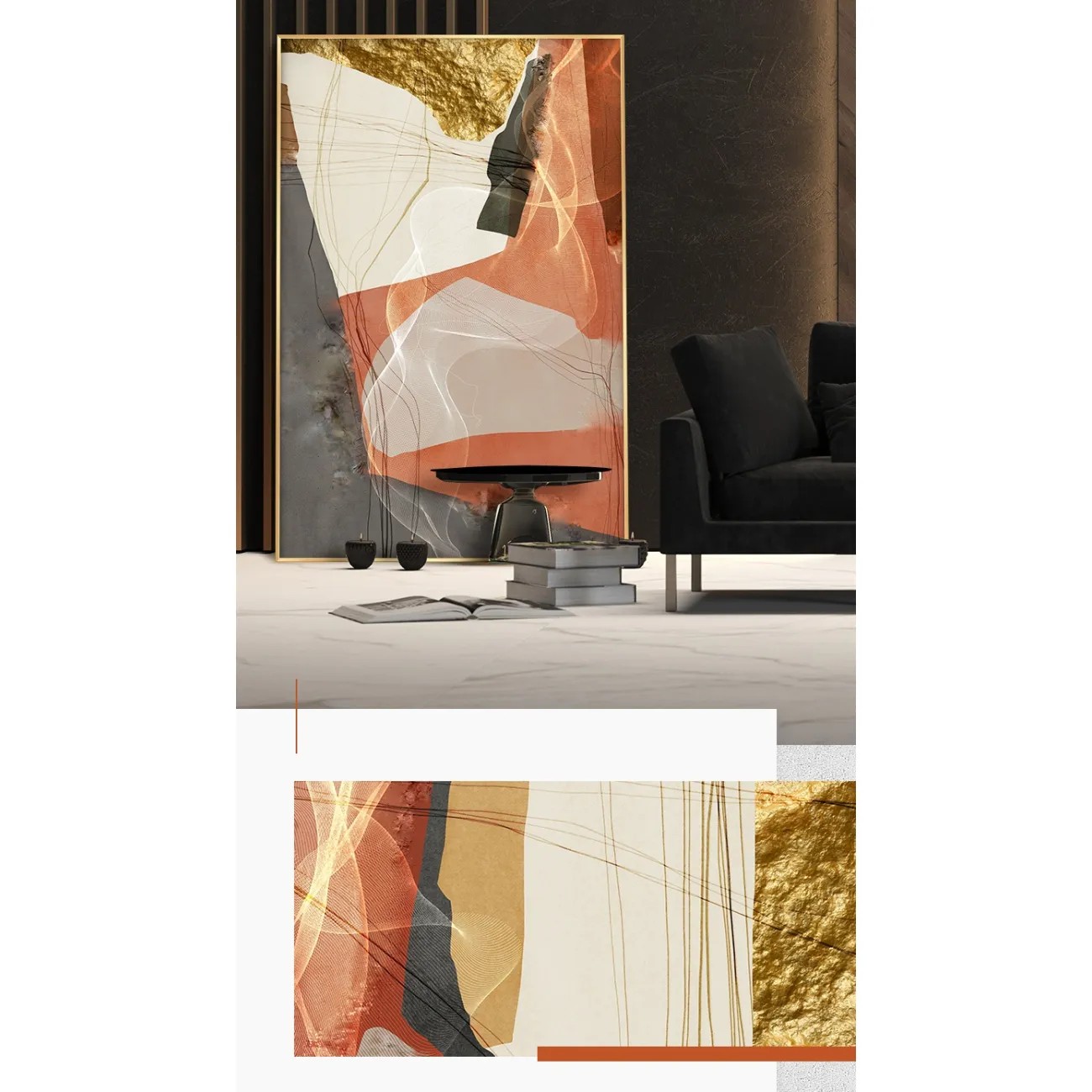 Дизайнерская картина в современном стиле и атмосферой абстракции,  расписанная сусальным золотом LaLume-DF-20460-23