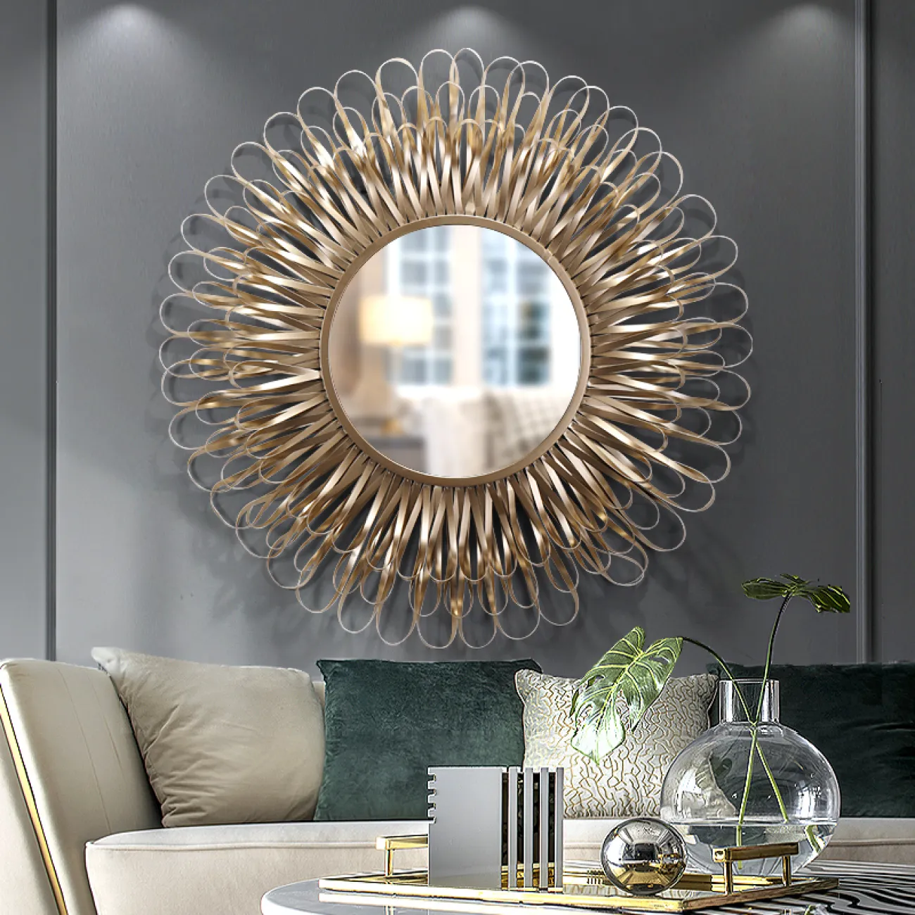 Современное настенное круглое зеркало для гостиной LaLume DK20344-27 Современное настенное круглое зеркало для гостиной LaLume DK20344-27