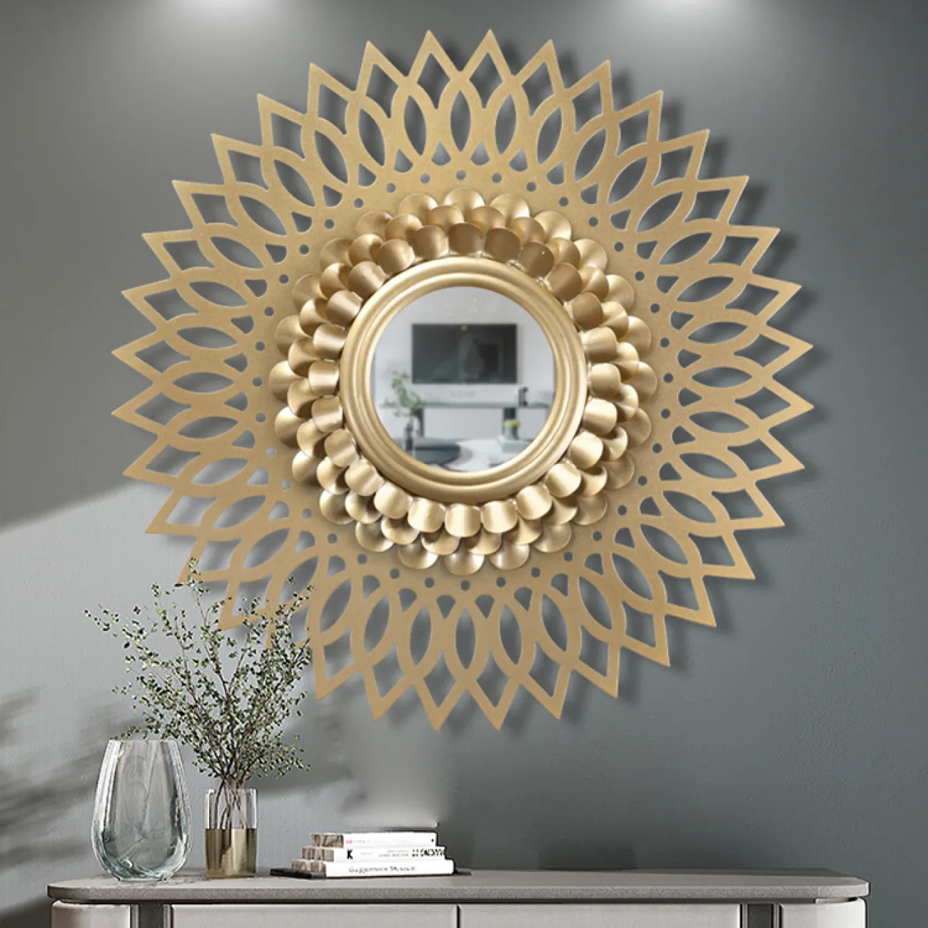 Современное настенное круглое зеркало для гостиной LaLume DK20348-27 Современное настенное круглое зеркало для гостиной LaLume DK20348-27