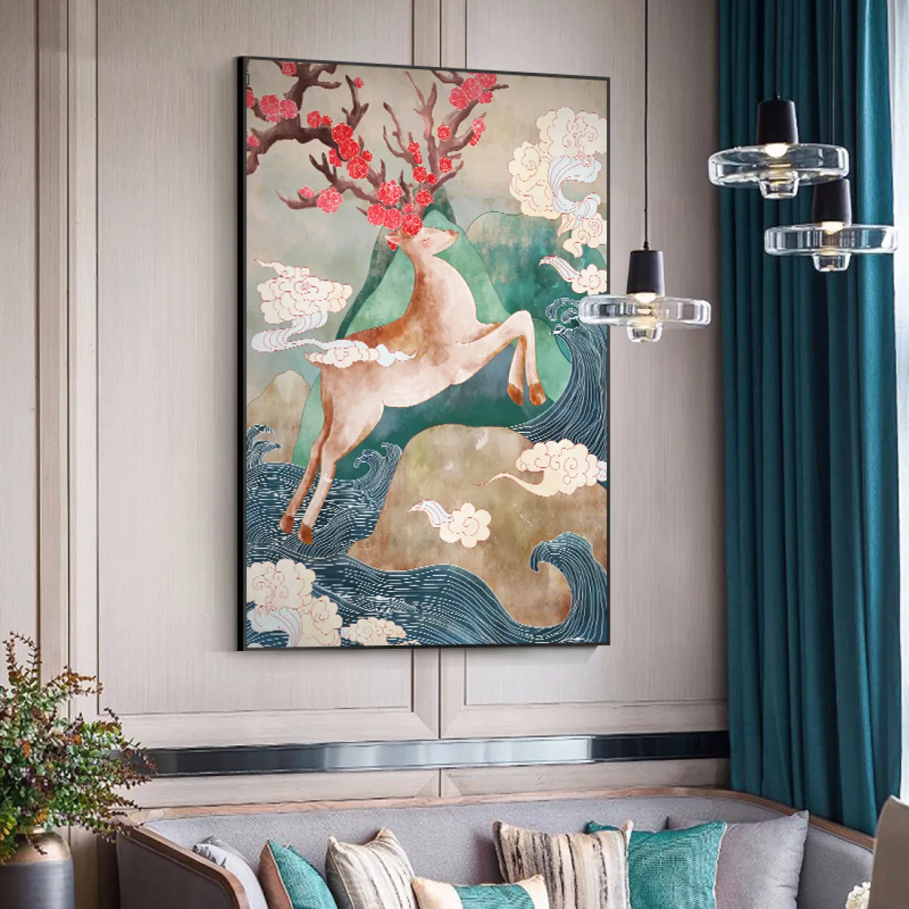 Креативная декоративная картина с оленем и рыбками для гостиной в Современном стиле LaLume DK20799-23 Креативная декоративная картина с оленем и рыбками для гостиной в Современном стиле LaLume DK20799-23