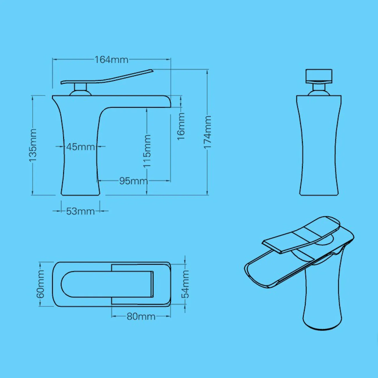 Водопадный латунный смеситель для умывальника в Современном стиле LaLume MB21112-23