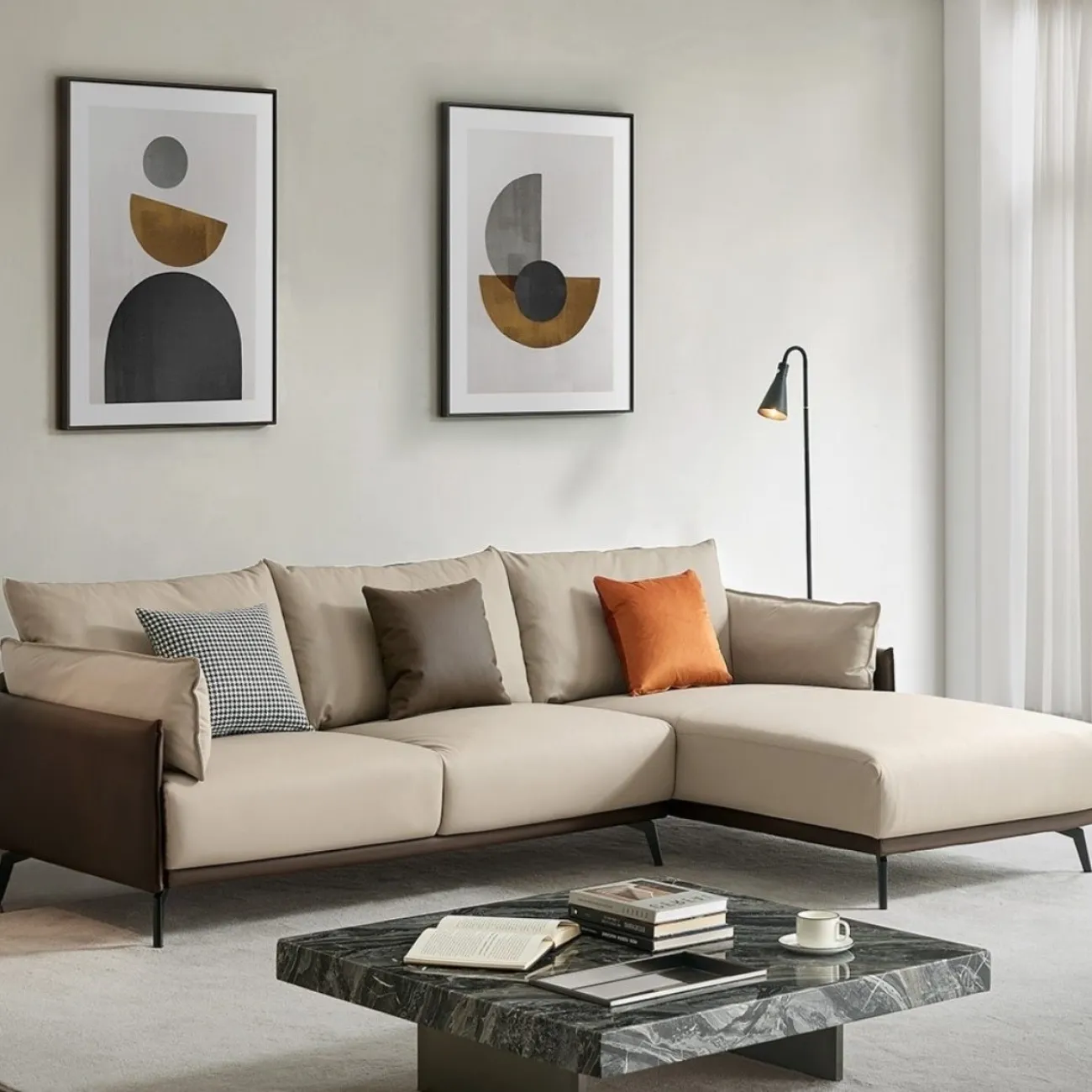 Диван ELEGANTE NAPPA SF015 угловой бежевый 6615-коричневый угол правый ESF