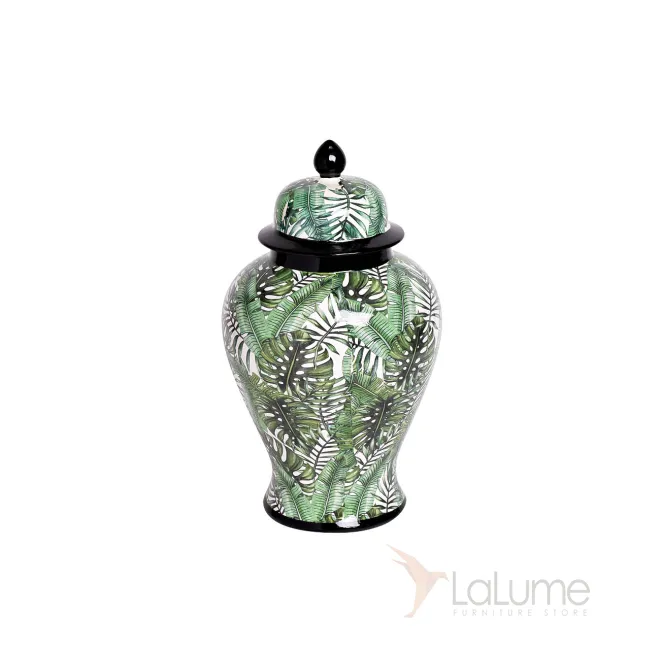 Ваза керамическая с крышкой бело-зеленая (принт  Листья) 55RD3112S от LaLume