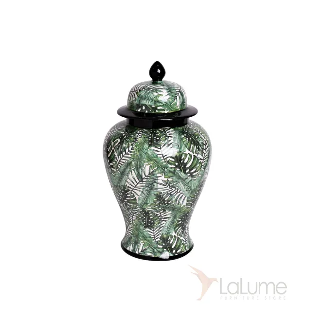 Ваза керамическая с крышкой бело-зеленая (принт  Листья) 55RD3112L от LaLume