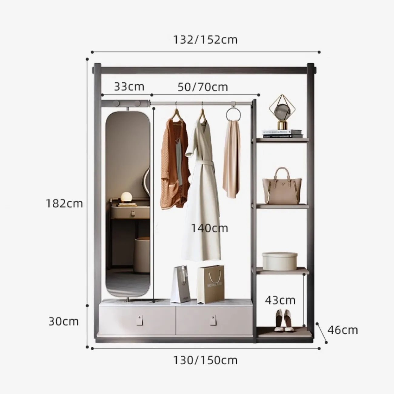 Роскошная напольная вешалка из нержавеющей стали с зеркалом HappyF 36545-29 Роскошная напольная вешалка из нержавеющей стали с зеркалом HappyF 36545-29