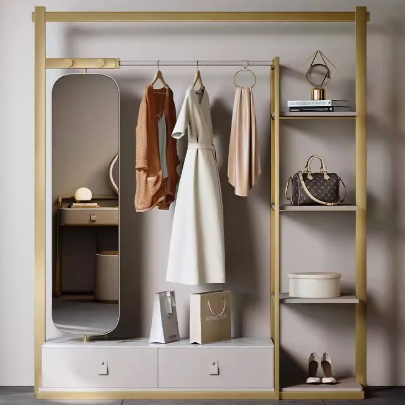 Роскошная напольная вешалка из нержавеющей стали с зеркалом HappyF 36545-29 Роскошная напольная вешалка из нержавеющей стали с зеркалом HappyF 36545-29