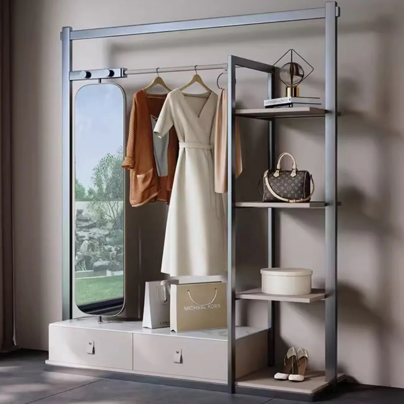 Роскошная напольная вешалка из нержавеющей стали с зеркалом HappyF 36545-29 Роскошная напольная вешалка из нержавеющей стали с зеркалом HappyF 36545-29