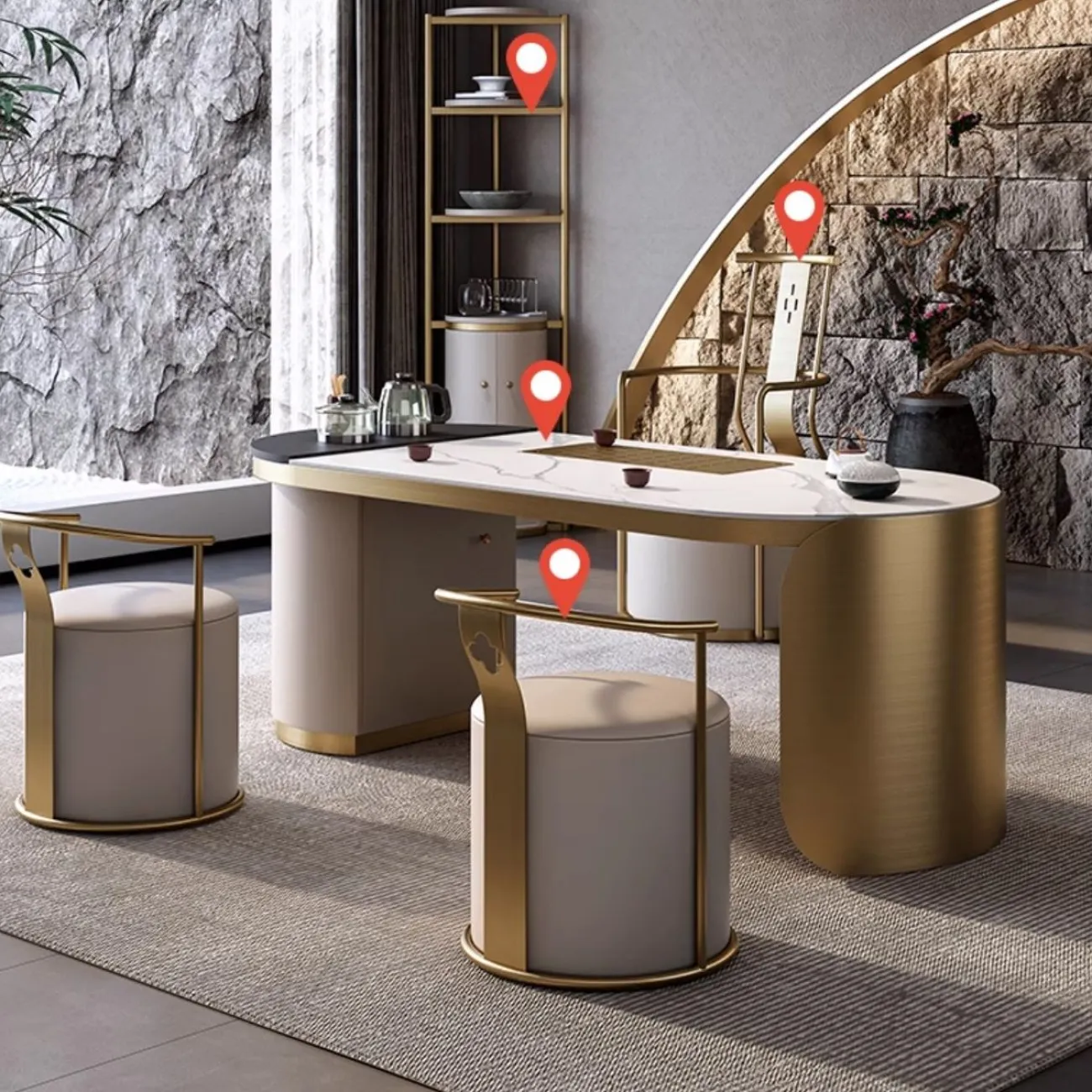 Роскошный чайный столик из натурального камня HappyF 36552-29 Роскошный чайный столик из натурального камня HappyF 36552-29