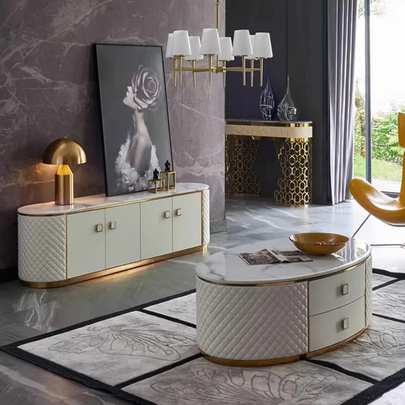 Роскошный мраморный журнальный столик HappyF 36568-29 Роскошный мраморный журнальный столик HappyF 36568-29