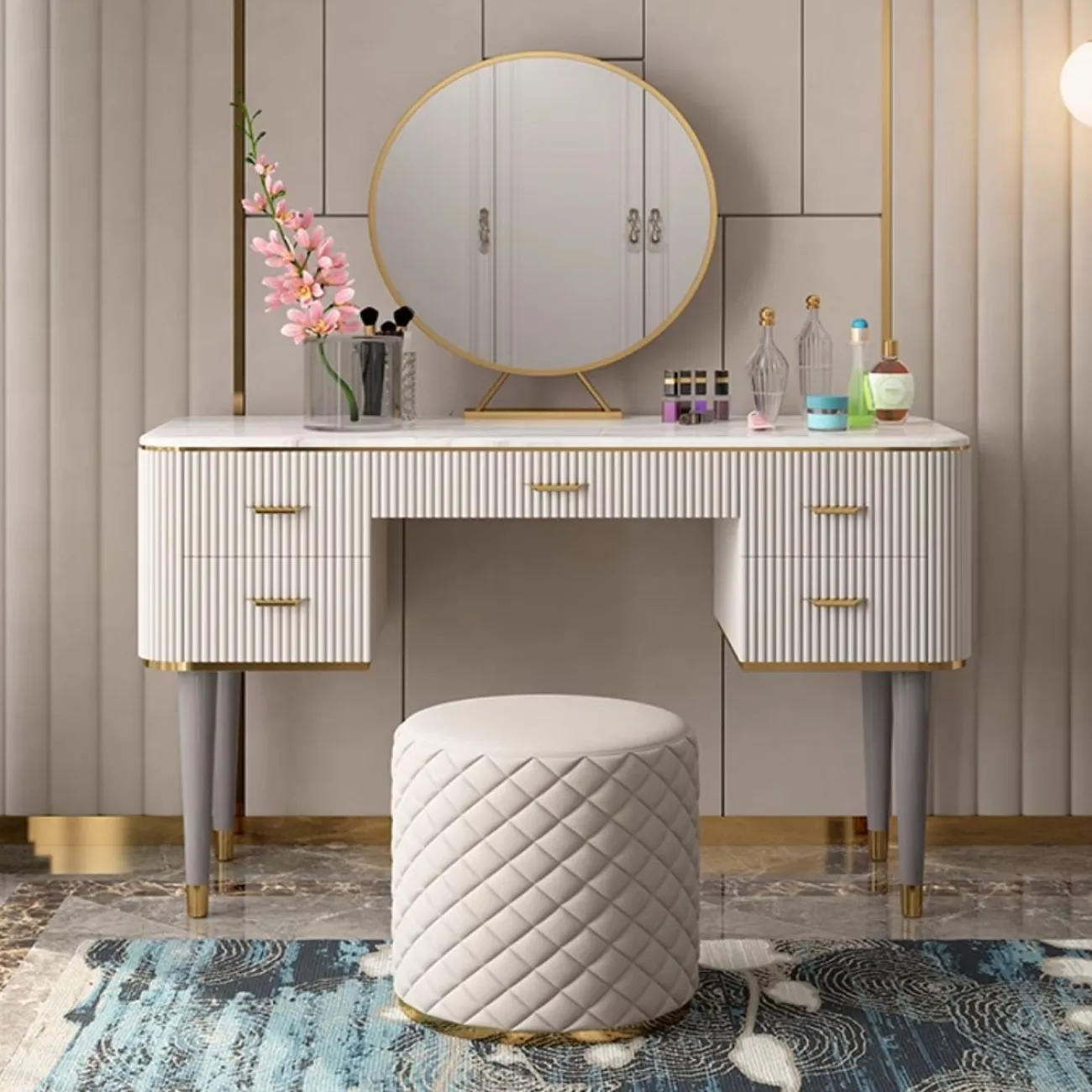 Легкий роскошный туалетный табурет с кожаной вышивкой HappyF 36574-29 Легкий роскошный туалетный табурет с кожаной вышивкой HappyF 36574-29