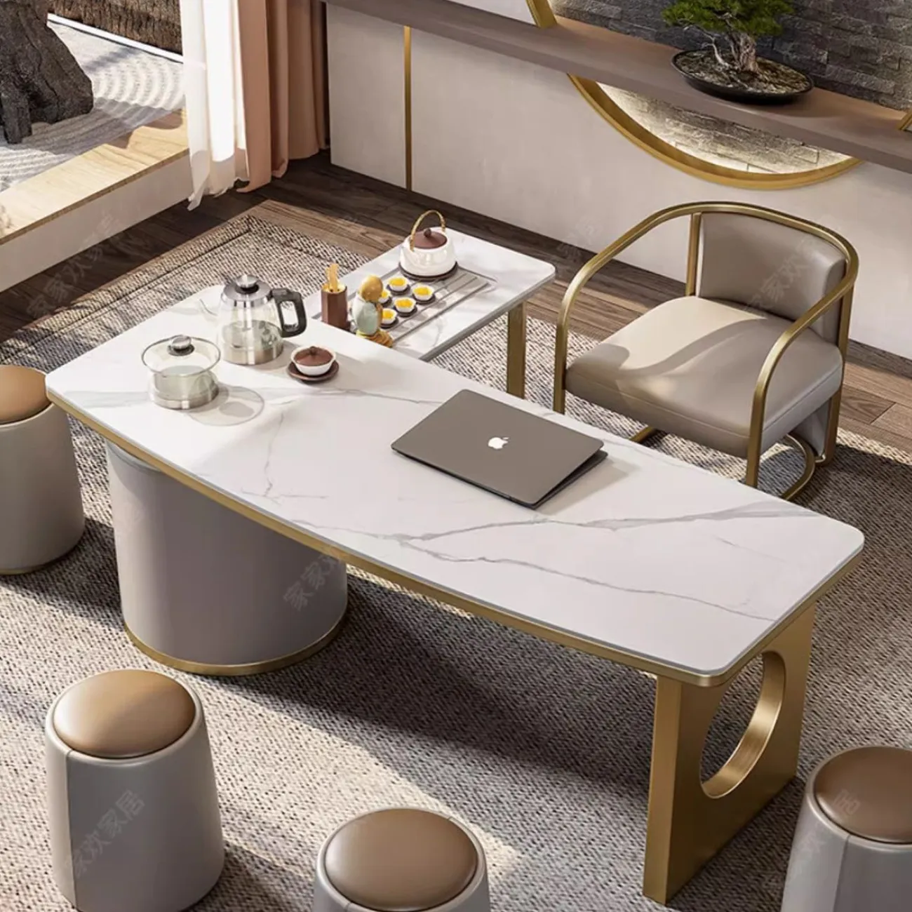 Чайный столик из натурального камня и нержавеющей стали HappyF 36575-29 Чайный столик из натурального камня и нержавеющей стали HappyF 36575-29