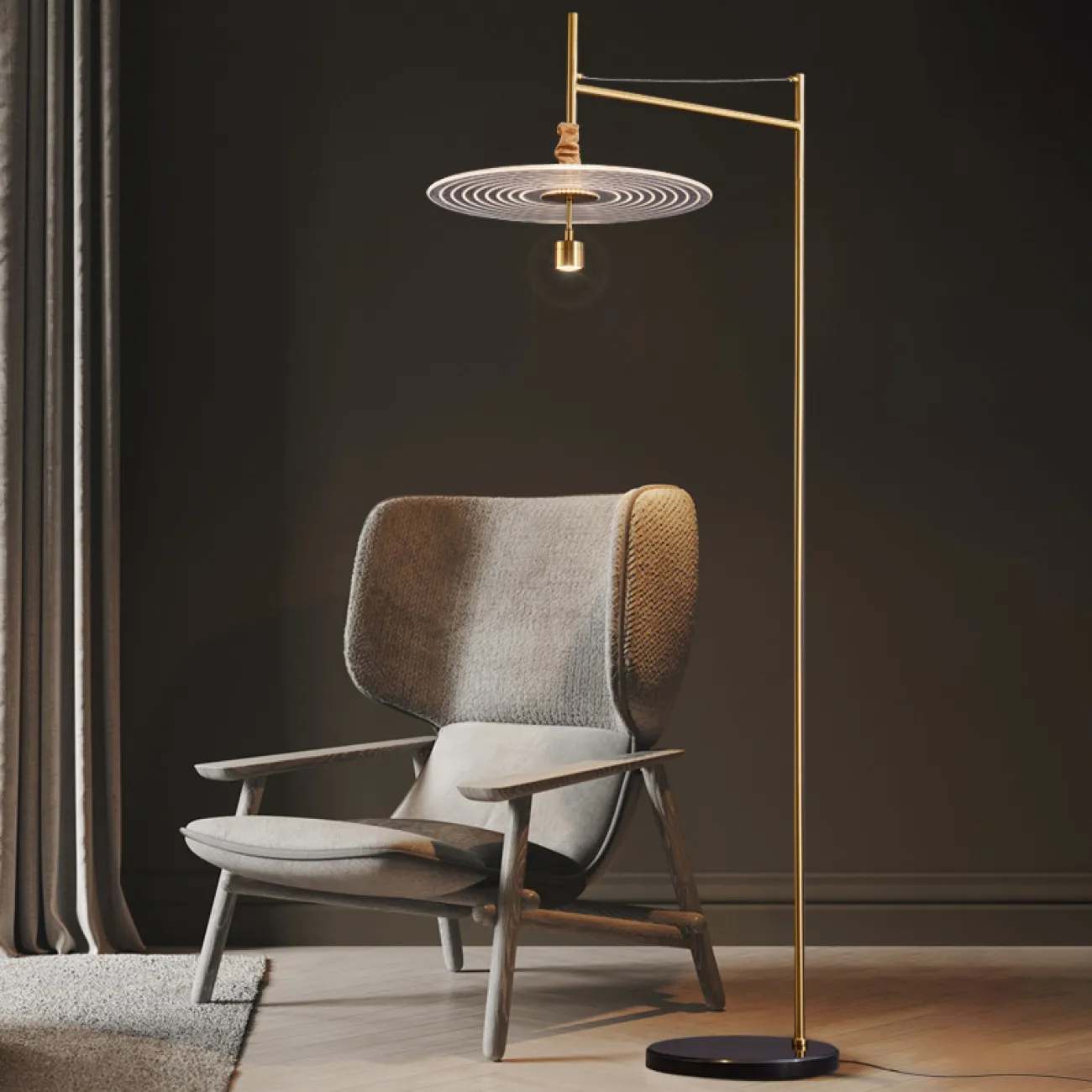 Светодиодный торшер с прозрачным рассеивателем дисковидной формы и круглым центровым плафоном на штативе в латунном оттенке IVARA FL