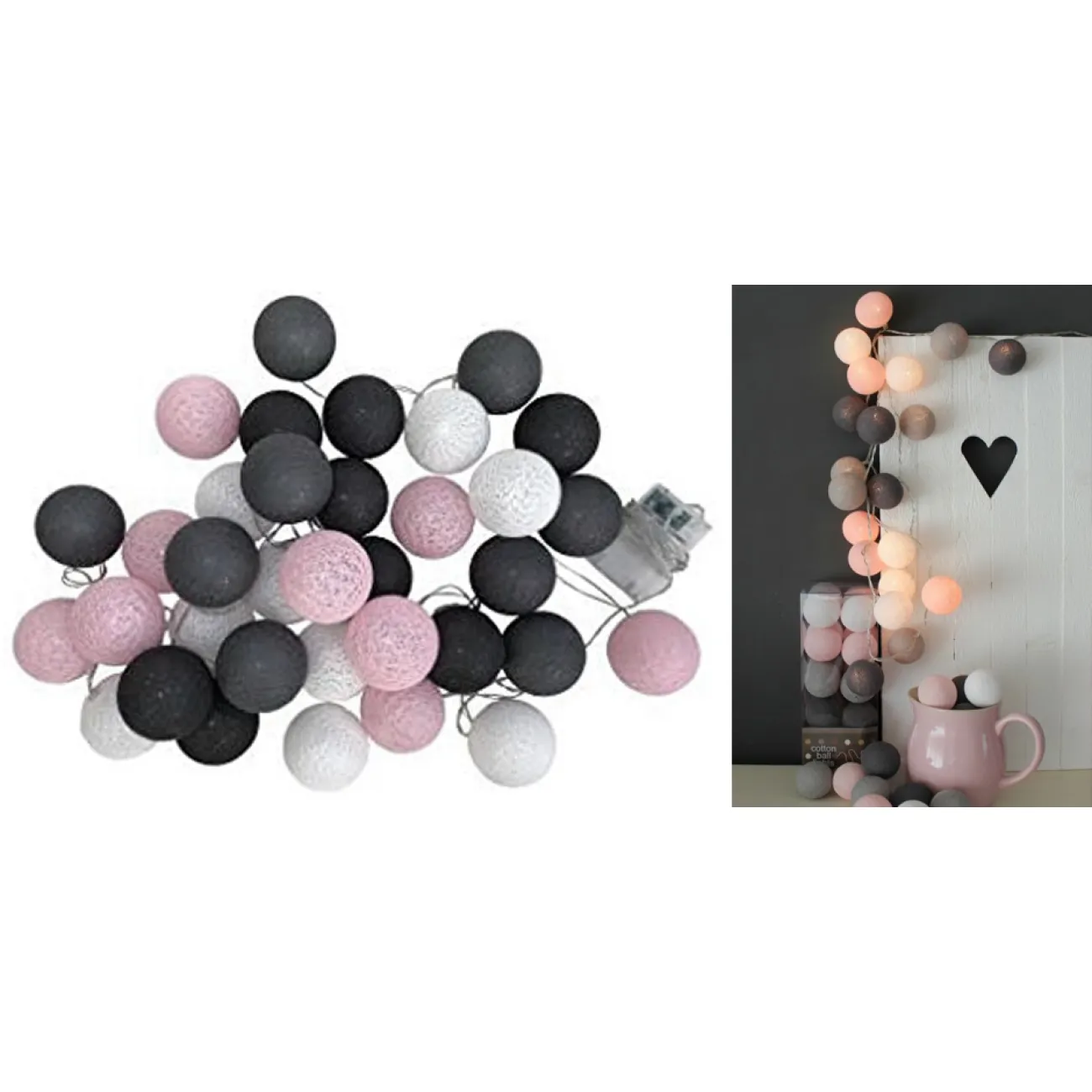 Гирлянда хлопковые фонарики Сotton Ball Pink-Grey