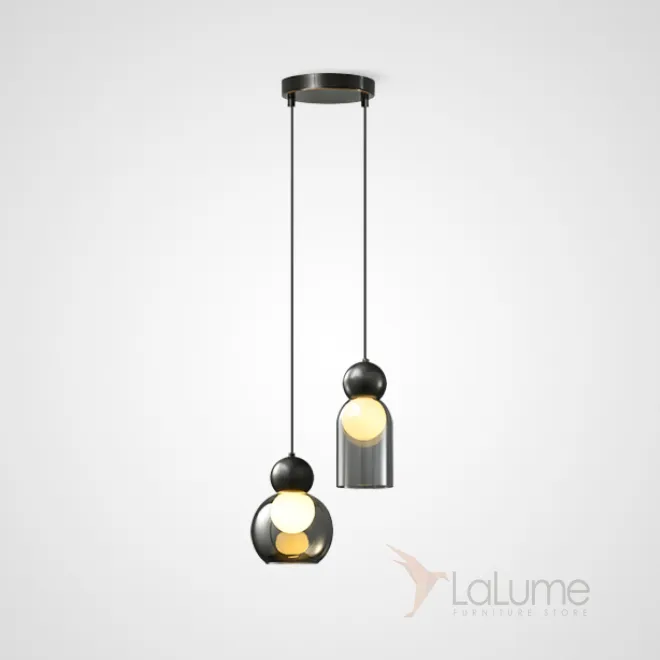 Готовая комбинация подвесных светильников с двумя шарообразными плафонами в стеклянном корпусе из дымчатого и прозрачного стекла FANUEL DUO Black Готовая комбинация подвесных светильников с двумя шарообразными плафонами в стеклянном корпусе из дымчатого и прозрачного стекла FANUEL DUO Black