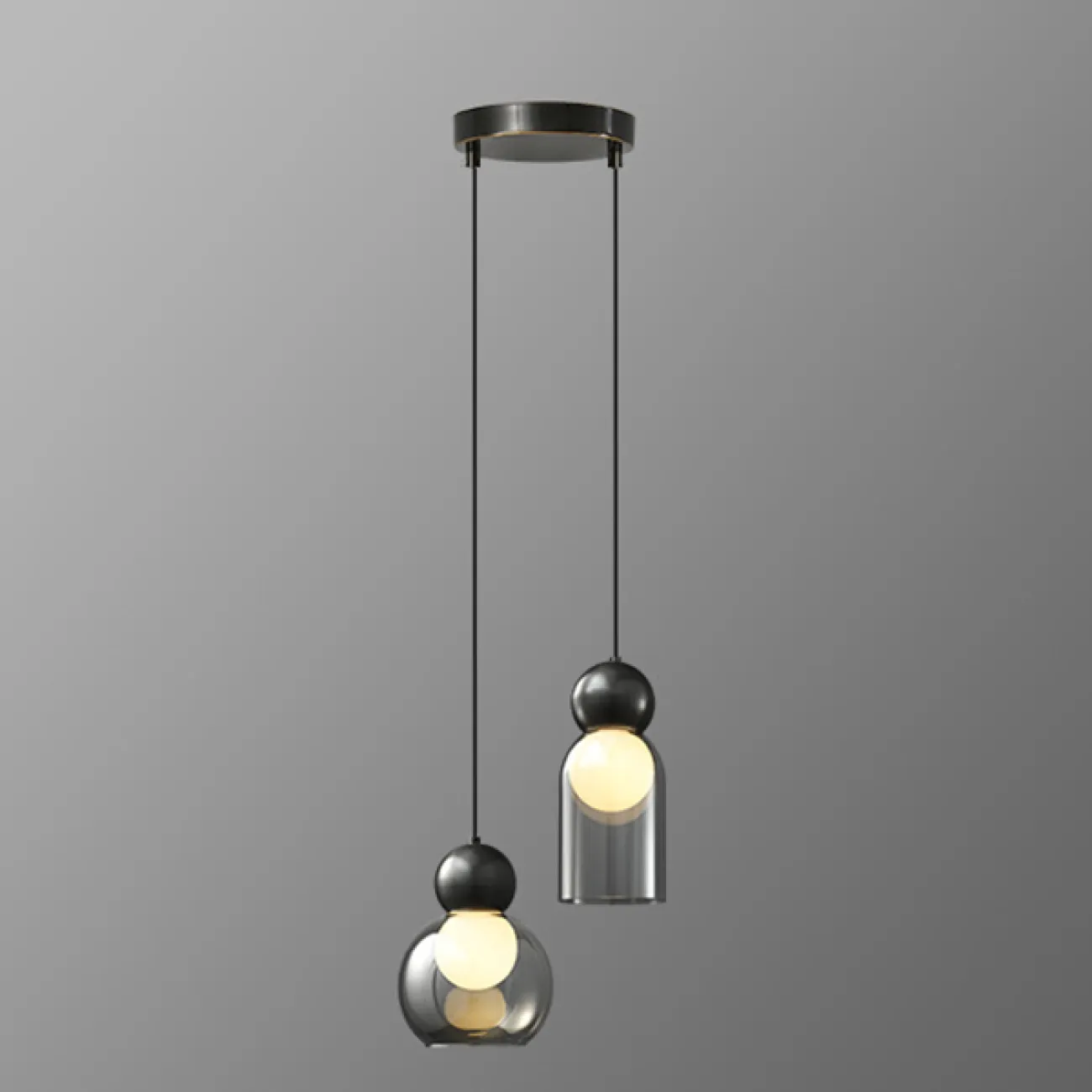 Готовая комбинация подвесных светильников с двумя шарообразными плафонами в стеклянном корпусе из дымчатого и прозрачного стекла FANUEL DUO Black Готовая комбинация подвесных светильников с двумя шарообразными плафонами в стеклянном корпусе из дымчатого и прозрачного стекла FANUEL DUO Black