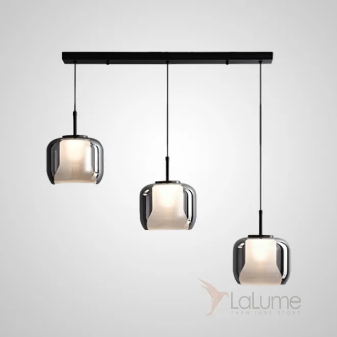 Готовая комбинация подвесных светодиодных светильников с белым трапециевидным корпусом в цилиндрических абажурах из дымчатого стекла GERALD TRIO