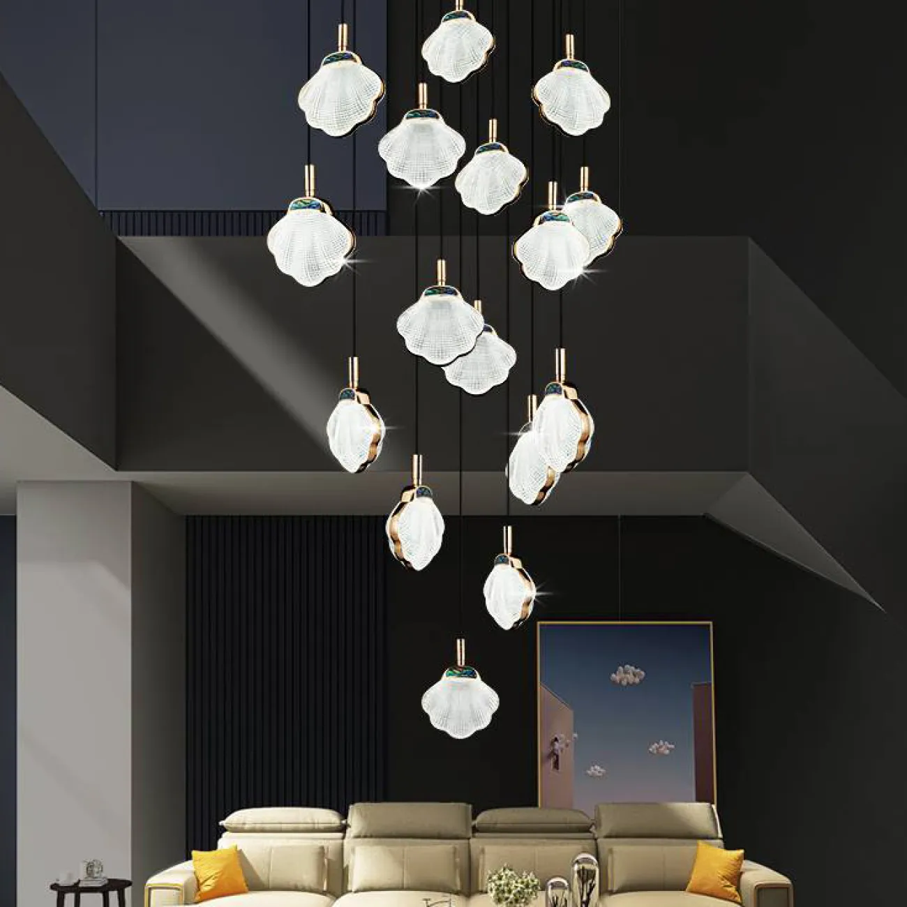 Готовая комбинация подвесных светодиодных светильников с рельефными плафонами в форме ракушек с перламутровыми вставками RAPHAELA MORE L18