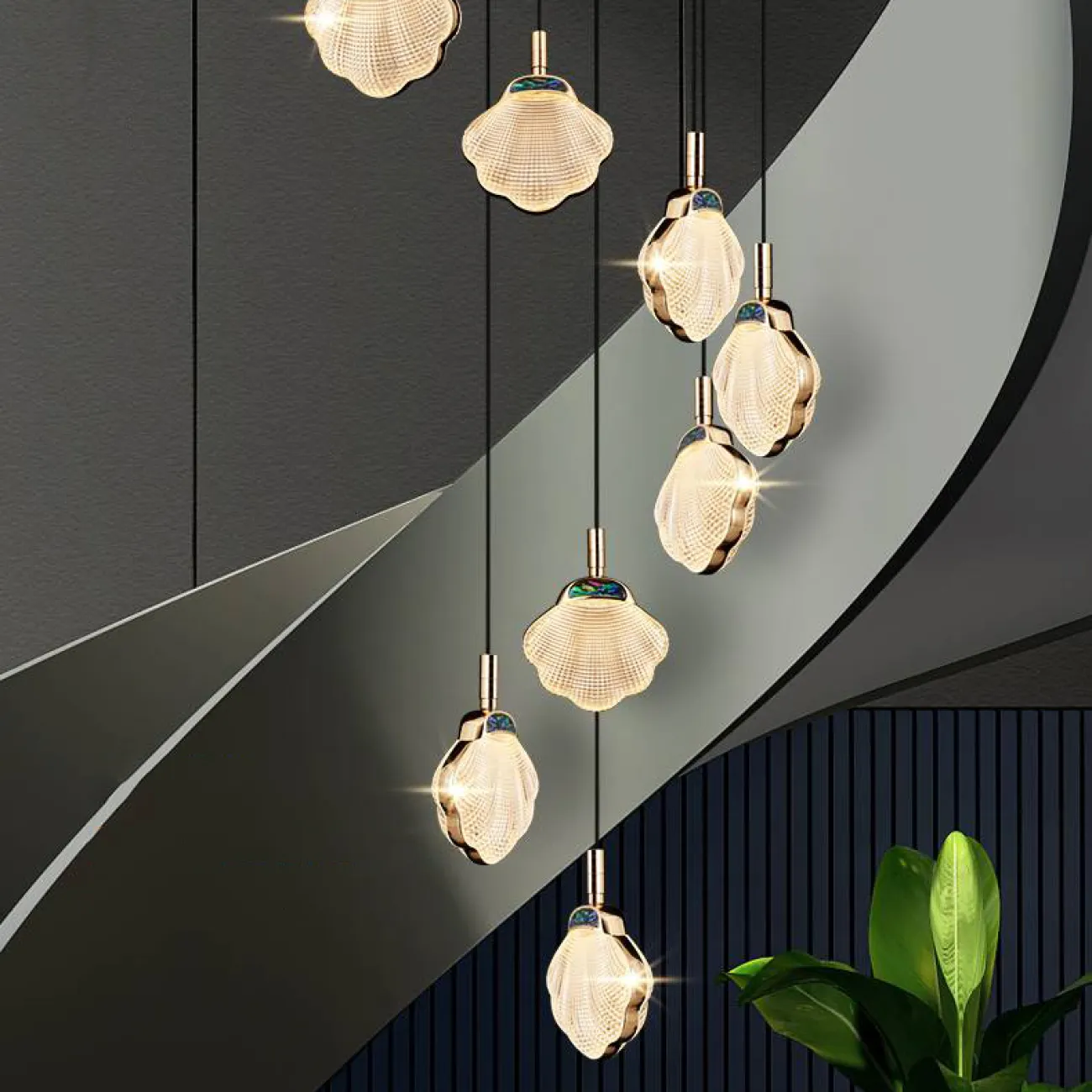 Готовая комбинация подвесных светодиодных светильников с рельефными плафонами в форме ракушек с перламутровыми вставками RAPHAELA MORE L18