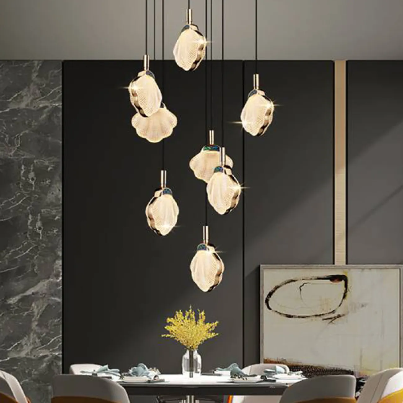 Готовая комбинация подвесных светодиодных светильников с рельефными плафонами в форме ракушек с перламутровыми вставками RAPHAELA MORE L18