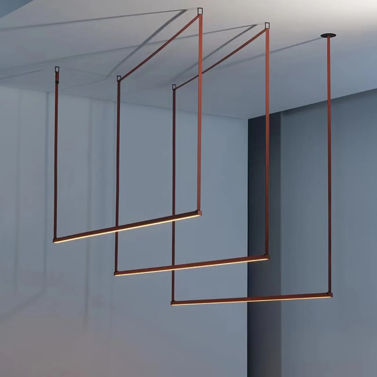 Готовая комбинация подвесных светодиодных светильников c тремя прямоугольными рейками на красном тросе ERAGON 4000К