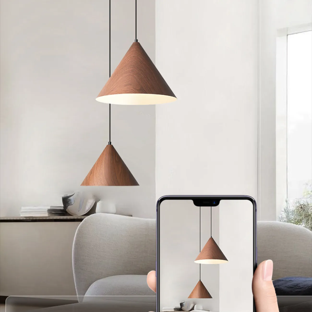 Готовая комбинация подвесных светильников с коническими плафонами с лаковым покрытием под темное и светлое дерево NOOMI TRIO L80 Light brown