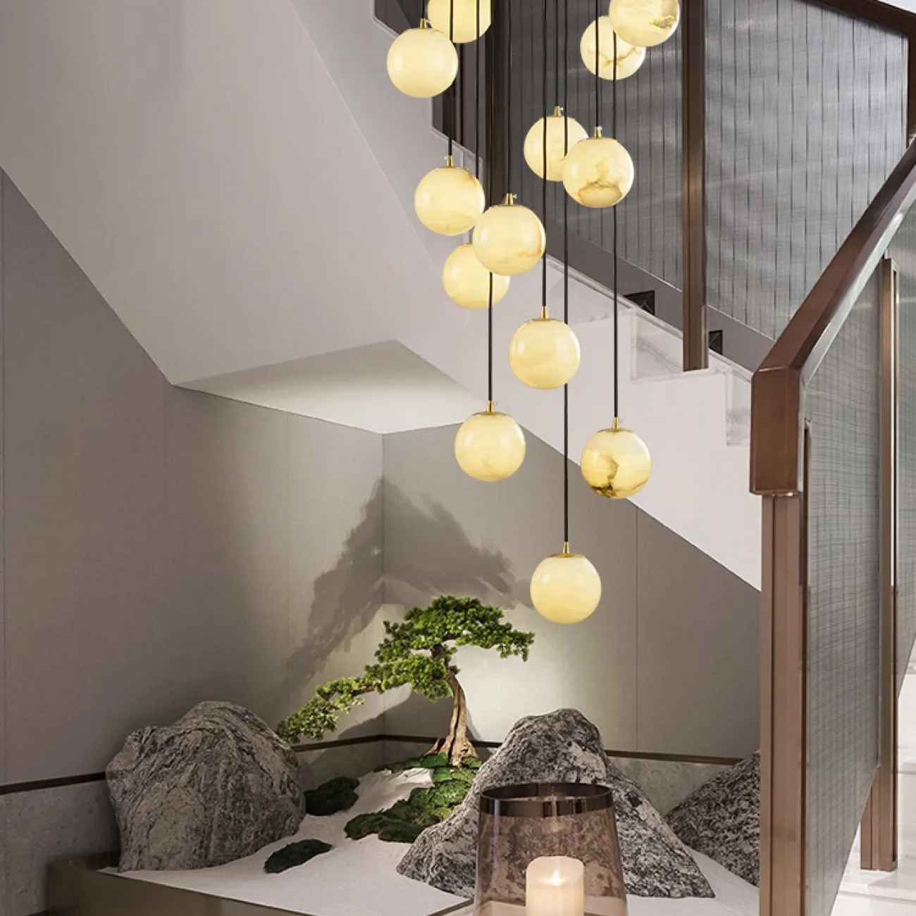 Готовая комбинация подвесных светильников c шарообразными плафонами из натурального белого мрамора MOSA L9