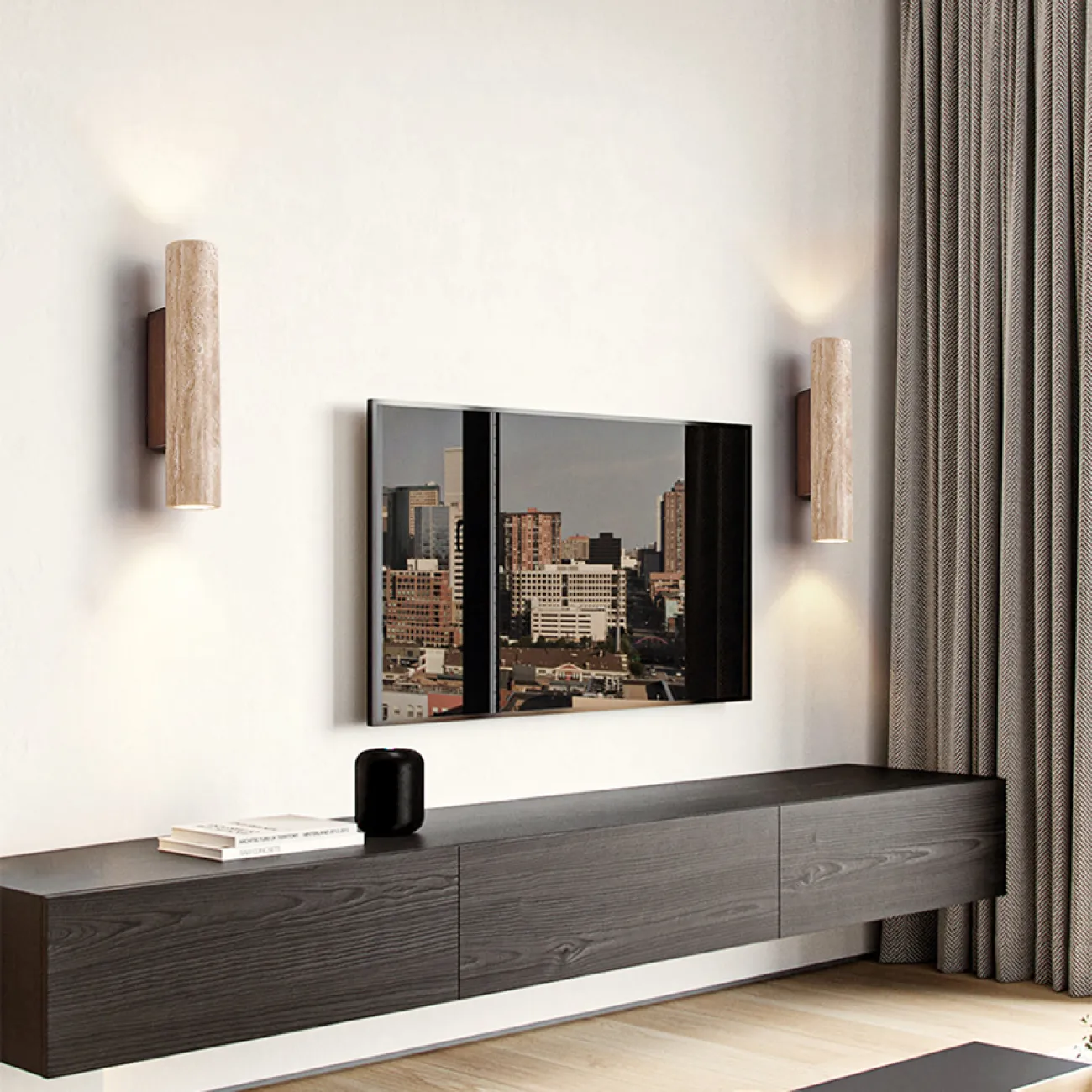 Бра с цилиндрическим корпусом из камня травертина на прямоугольном креплении из темного дерева LUBBE Бра с цилиндрическим корпусом из камня травертина на прямоугольном креплении из темного дерева LUBBE