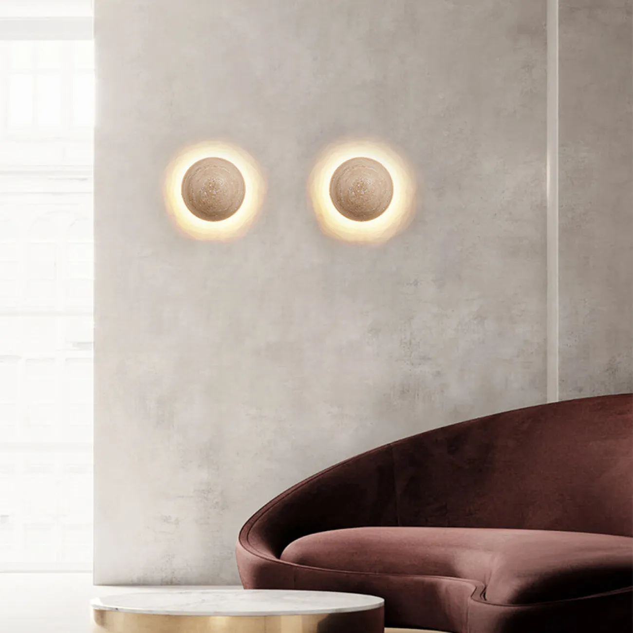 Настенный светодиодный светильник с шаровидным корпусом из желтого камня травертина POVL WALL Без проводного выключателя