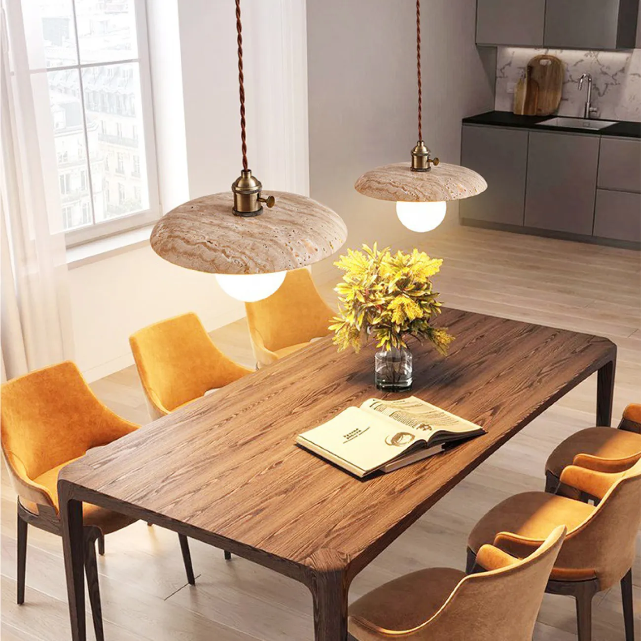 Готовая комбинация подвесных светильников с тремя дискообразными абажурами из камня травертин OSSIAN TRIO A