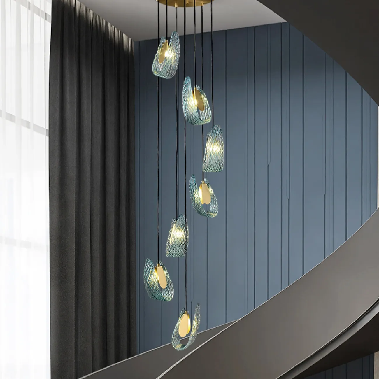 Каскадная комбинация светильников с рельефными стеклянными рассеивателями голубого цвета форме изогнутых лепестков LUCIA COMBO L7