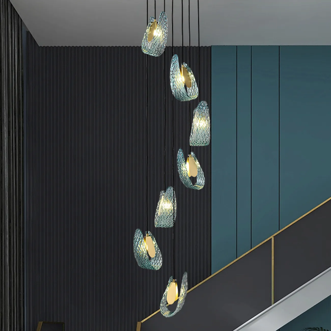 Каскадная комбинация светильников с рельефными стеклянными рассеивателями голубого цвета форме изогнутых лепестков LUCIA COMBO L7