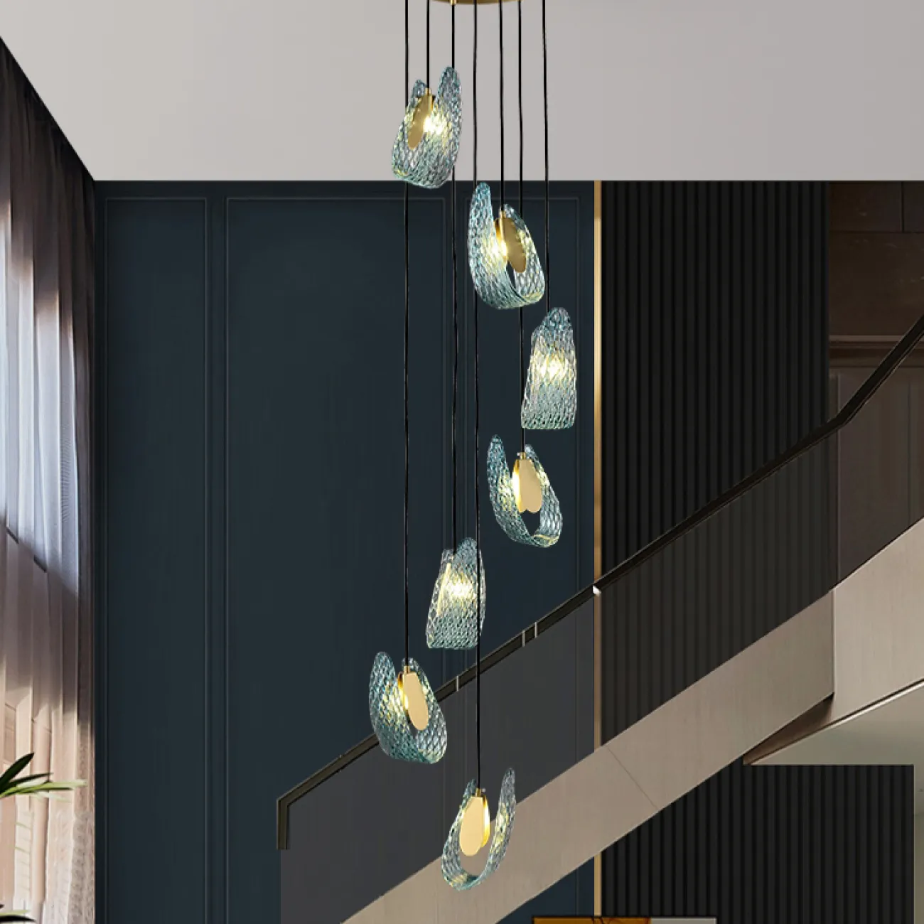 Каскадная комбинация светильников с рельефными стеклянными рассеивателями голубого цвета форме изогнутых лепестков LUCIA COMBO L7