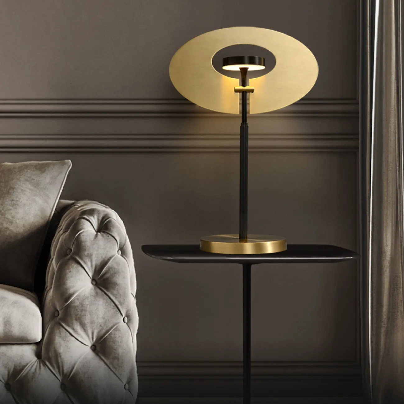 Настольный светодиодный светильник в виде комбинации круглого плафона на вертикальной стойке и дисковидного рассеивателя INGARA TAB