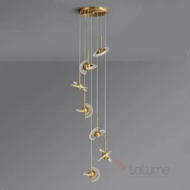 Готовая комбинация подвесных светильников с плафонами в виде комбинации двух ажурных поворотных лопастей и шаровидного центра PHOENIX LUX COMBO D45